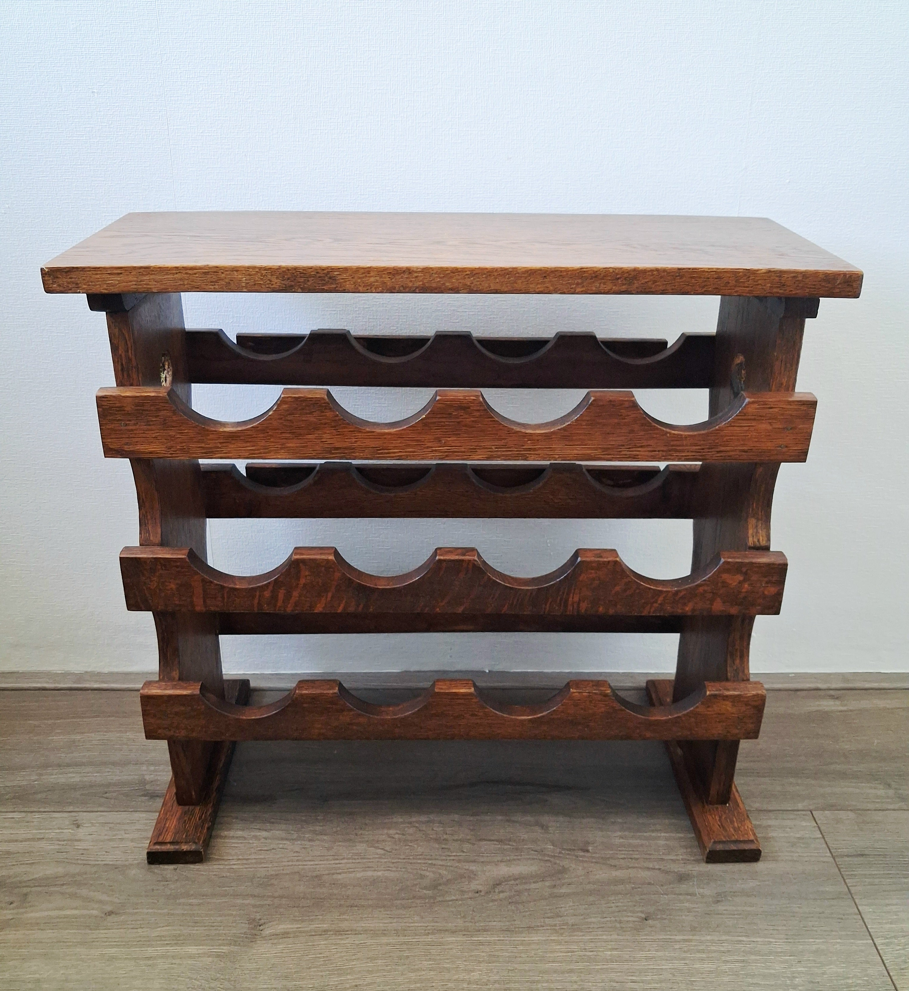 Vintage duthc oak wine rack stand with shelf