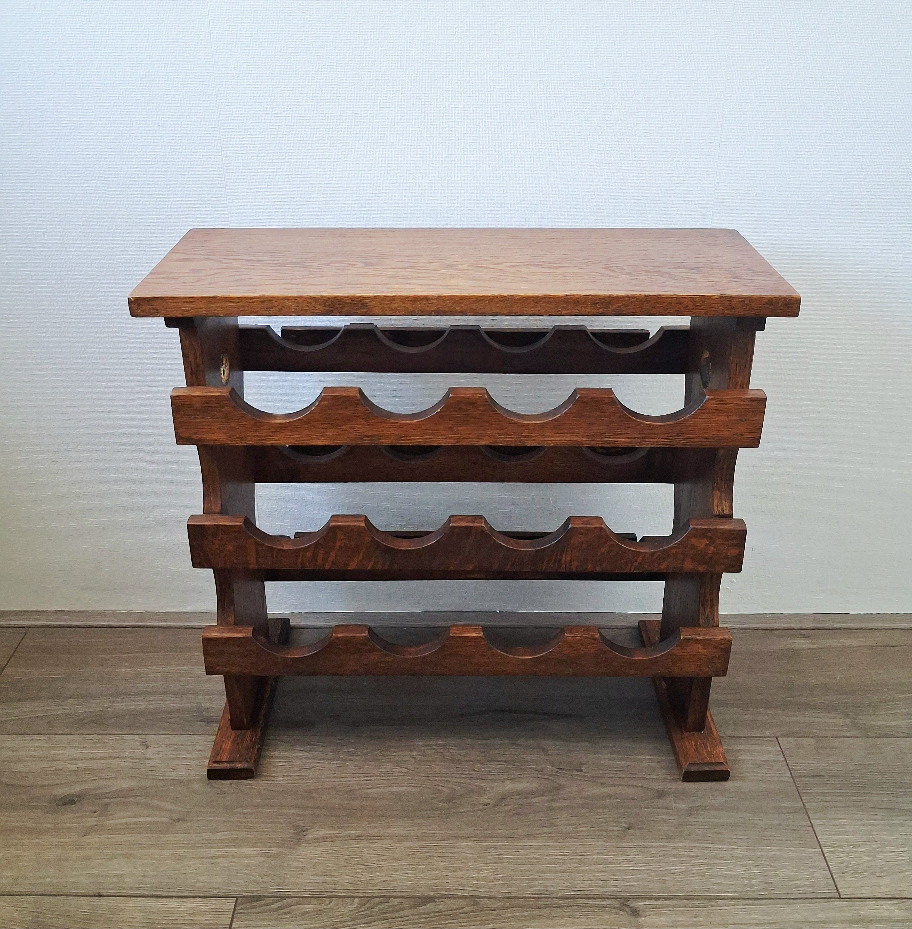 Vintage duthc oak wine rack stand with shelf