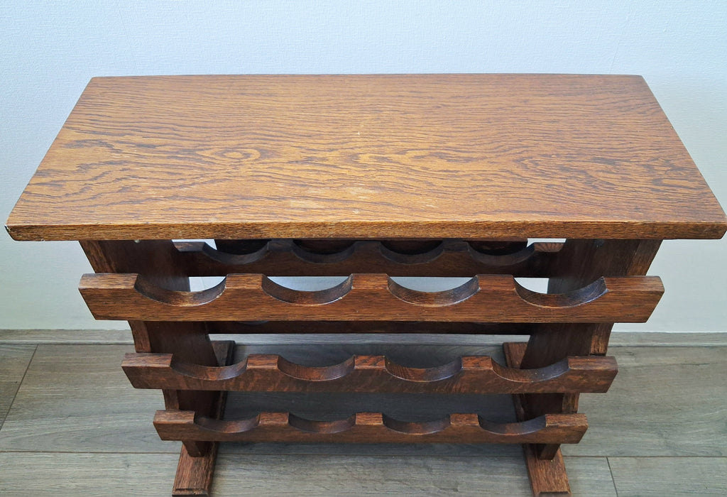 Vintage duthc oak wine rack stand with shelf