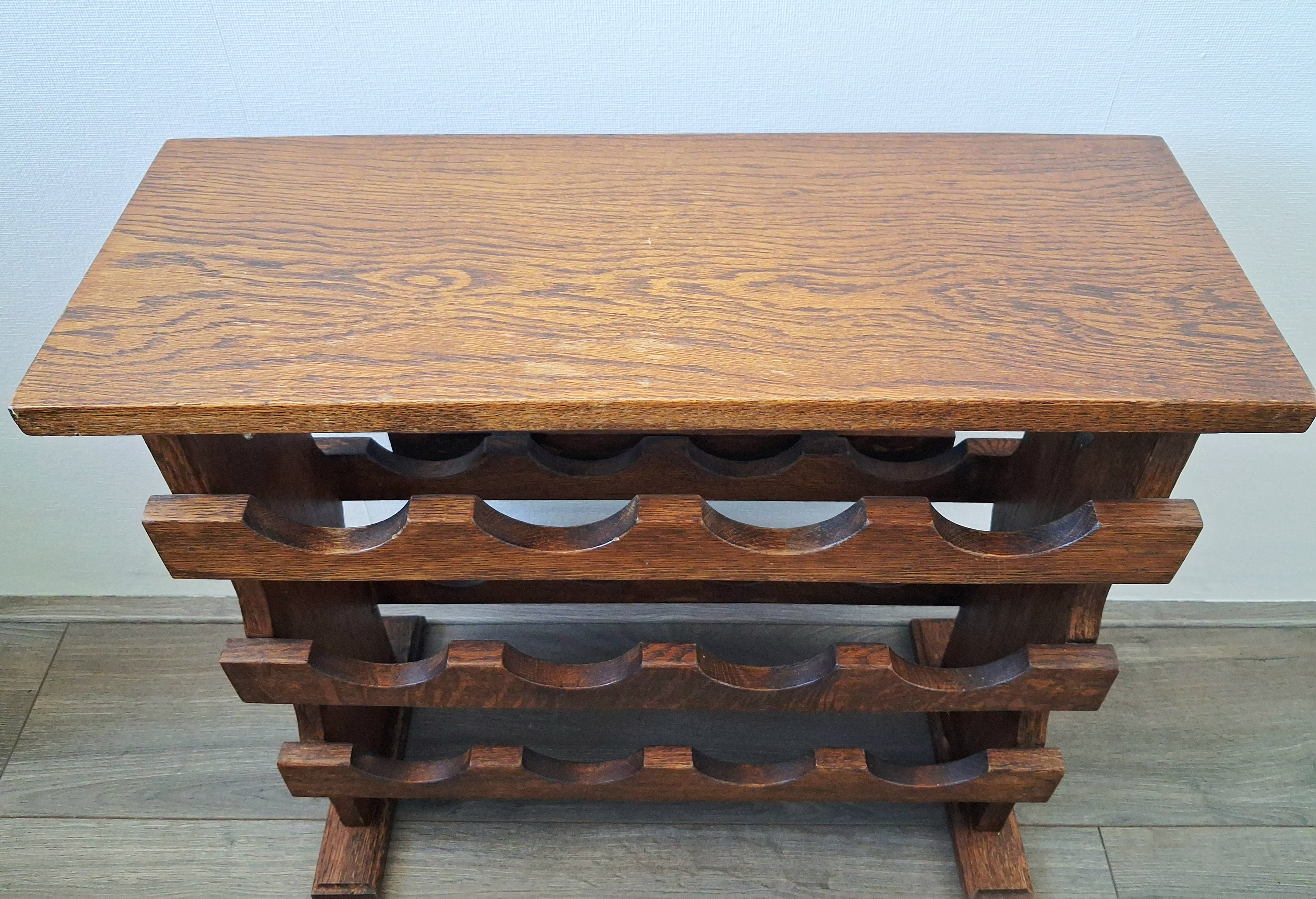 Vintage duthc oak wine rack stand with shelf