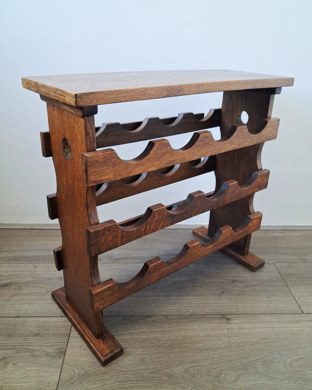 Vintage duthc oak wine rack stand with shelf