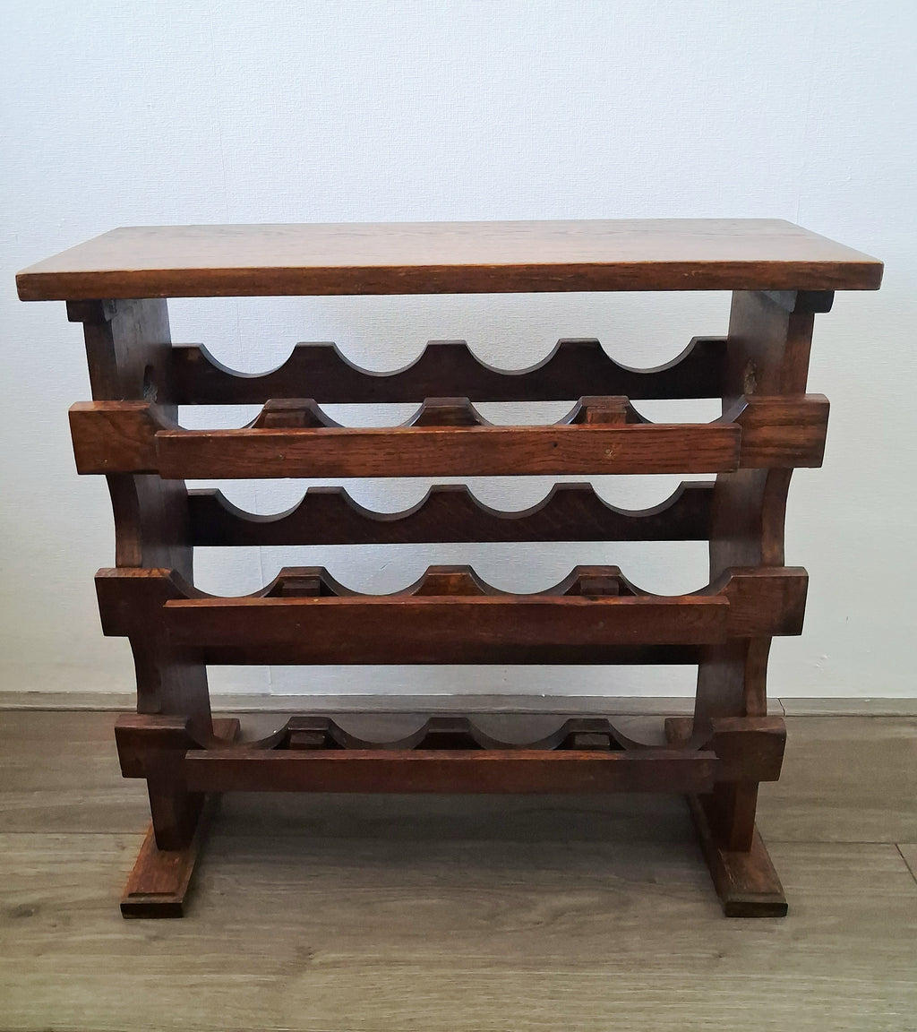 Vintage duthc oak wine rack stand with shelf