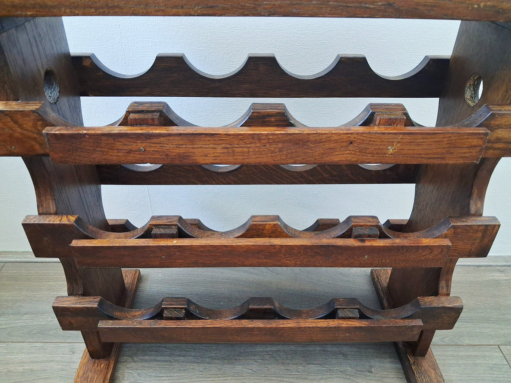 Vintage duthc oak wine rack stand with shelf