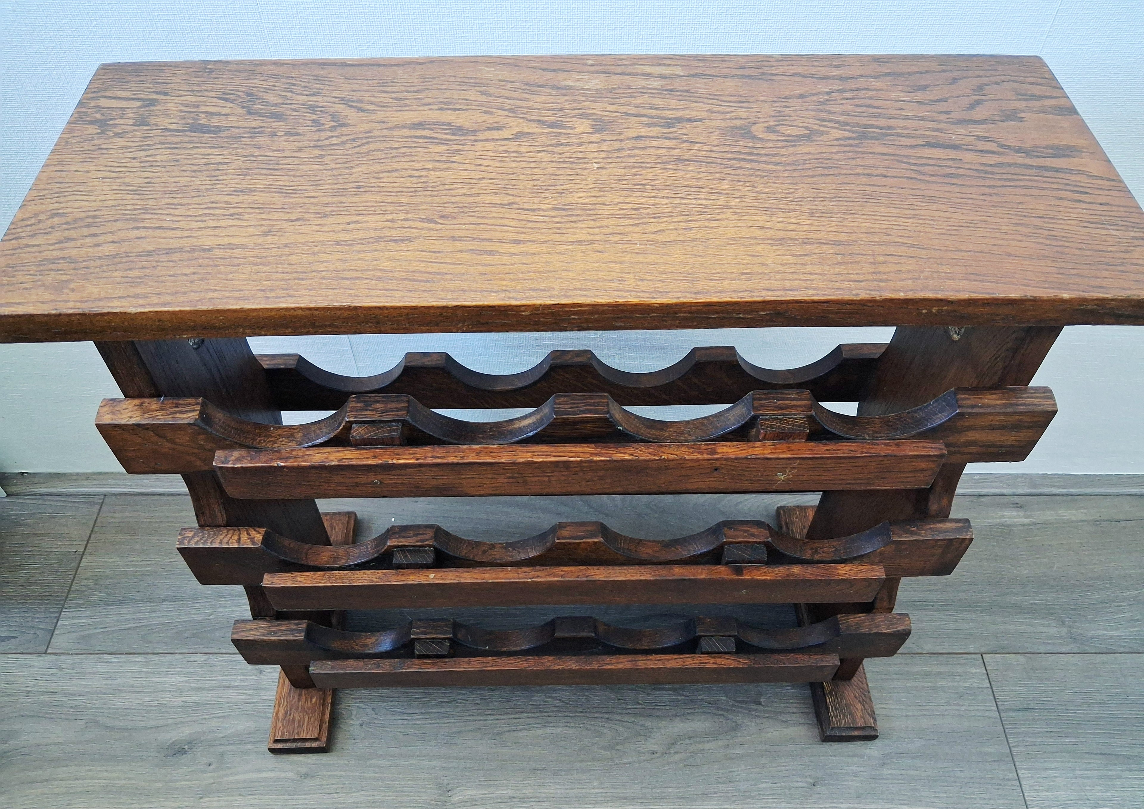 Vintage duthc oak wine rack stand with shelf