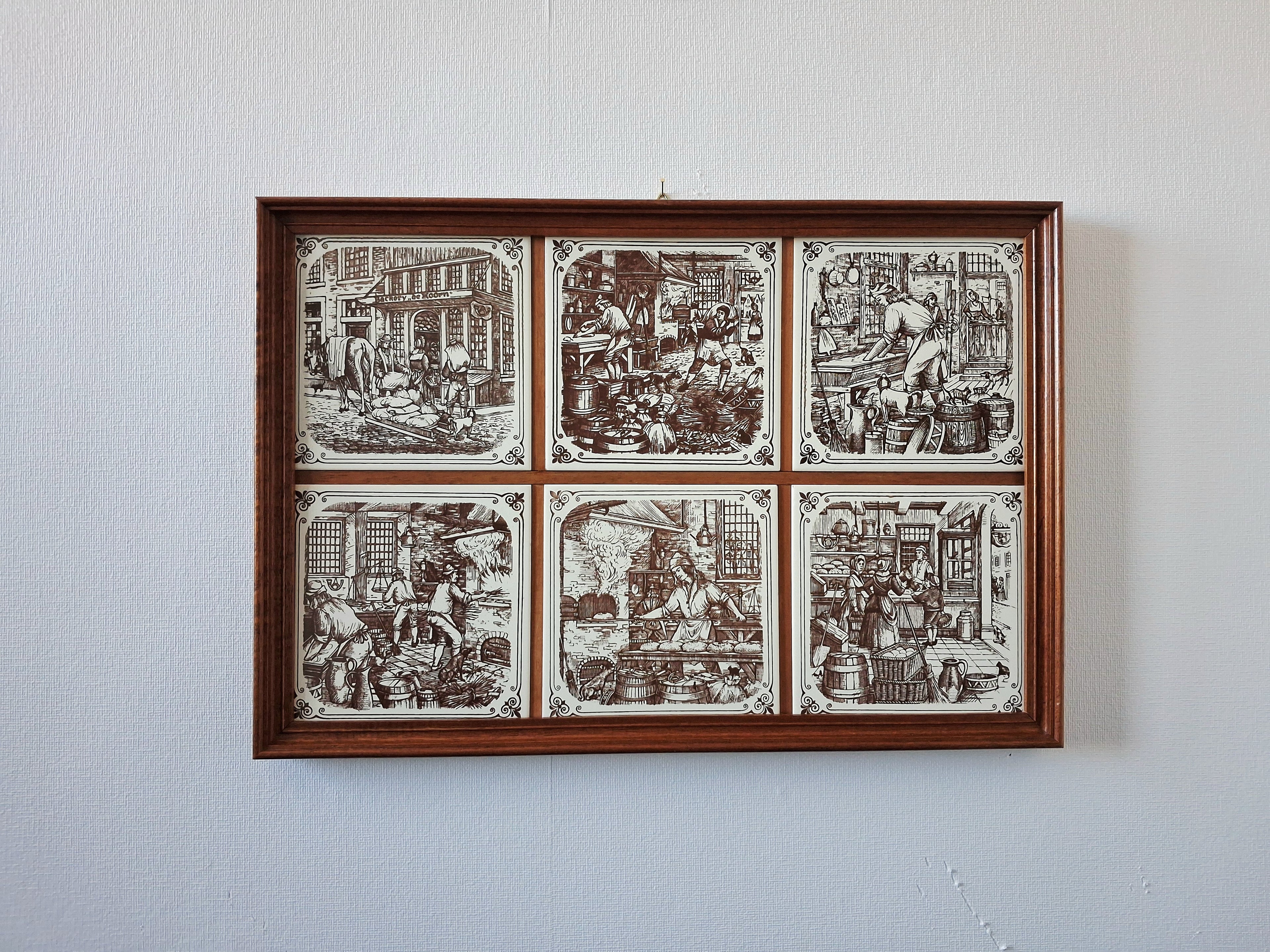 Vintage dutch ceramic tile panel “Old Dutch Crafts” in wooden frame, Brinkers Zoetermeer Netherlands mid-20th century