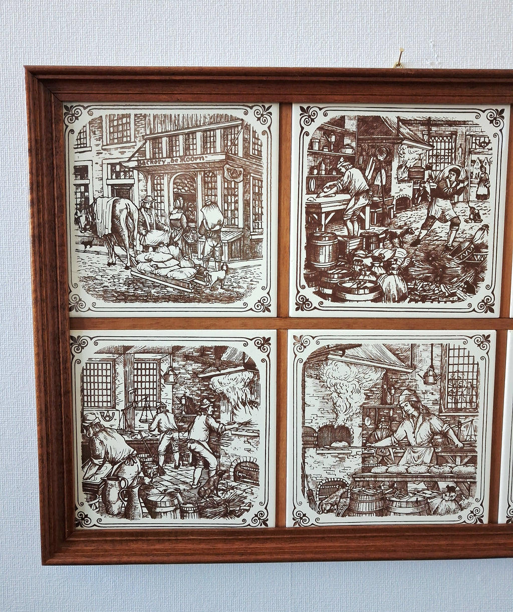 Vintage dutch ceramic tile panel “Old Dutch Crafts” in wooden frame, Brinkers Zoetermeer Netherlands mid-20th century