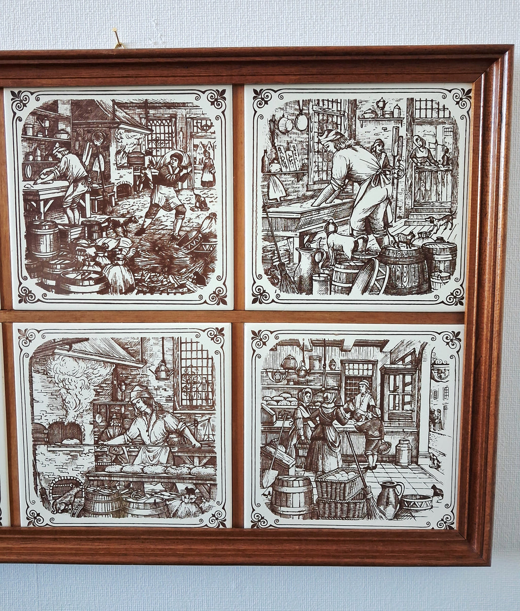 Vintage dutch ceramic tile panel “Old Dutch Crafts” in wooden frame, Brinkers Zoetermeer Netherlands mid-20th century