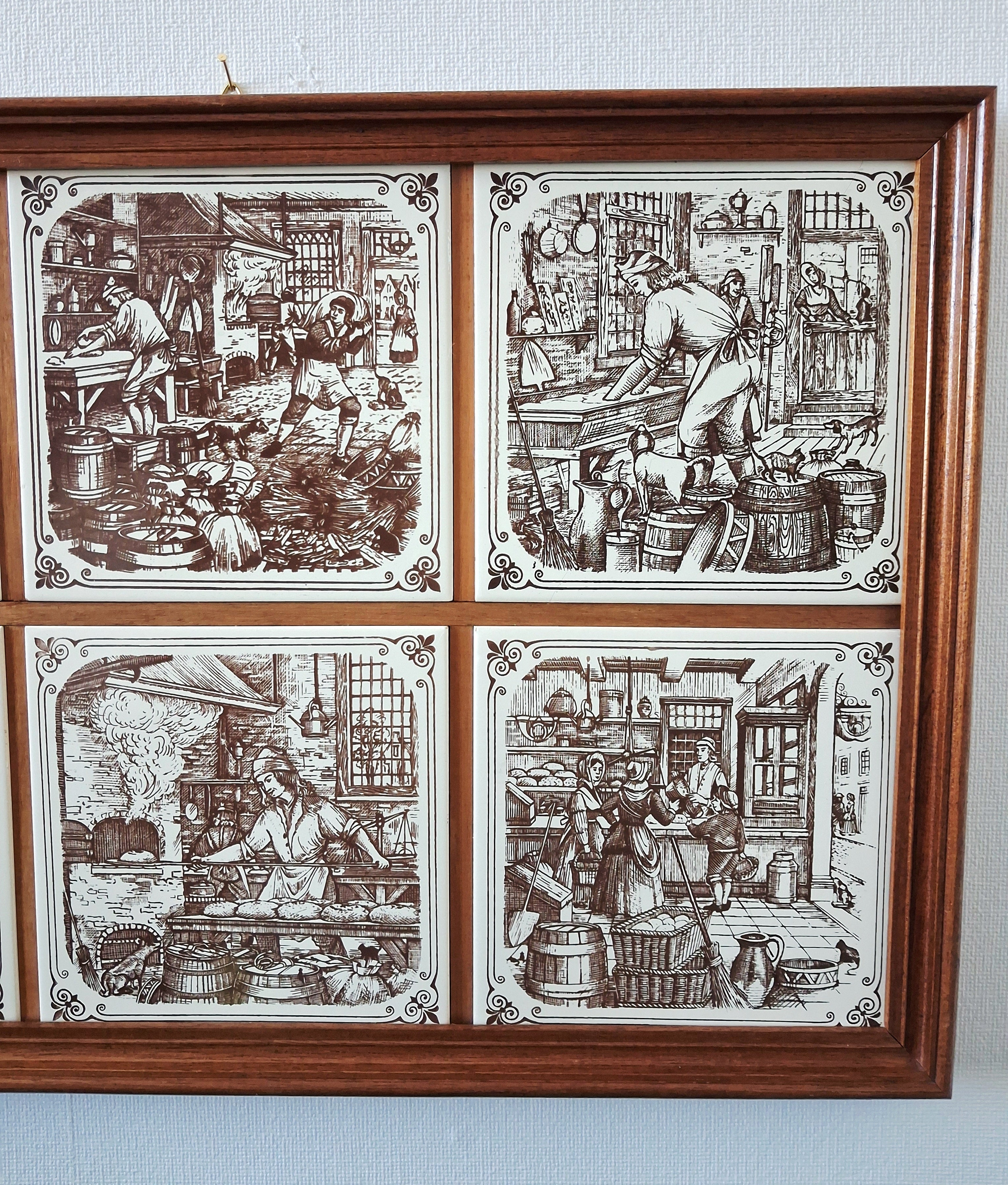 Vintage dutch ceramic tile panel “Old Dutch Crafts” in wooden frame, Brinkers Zoetermeer Netherlands mid-20th century