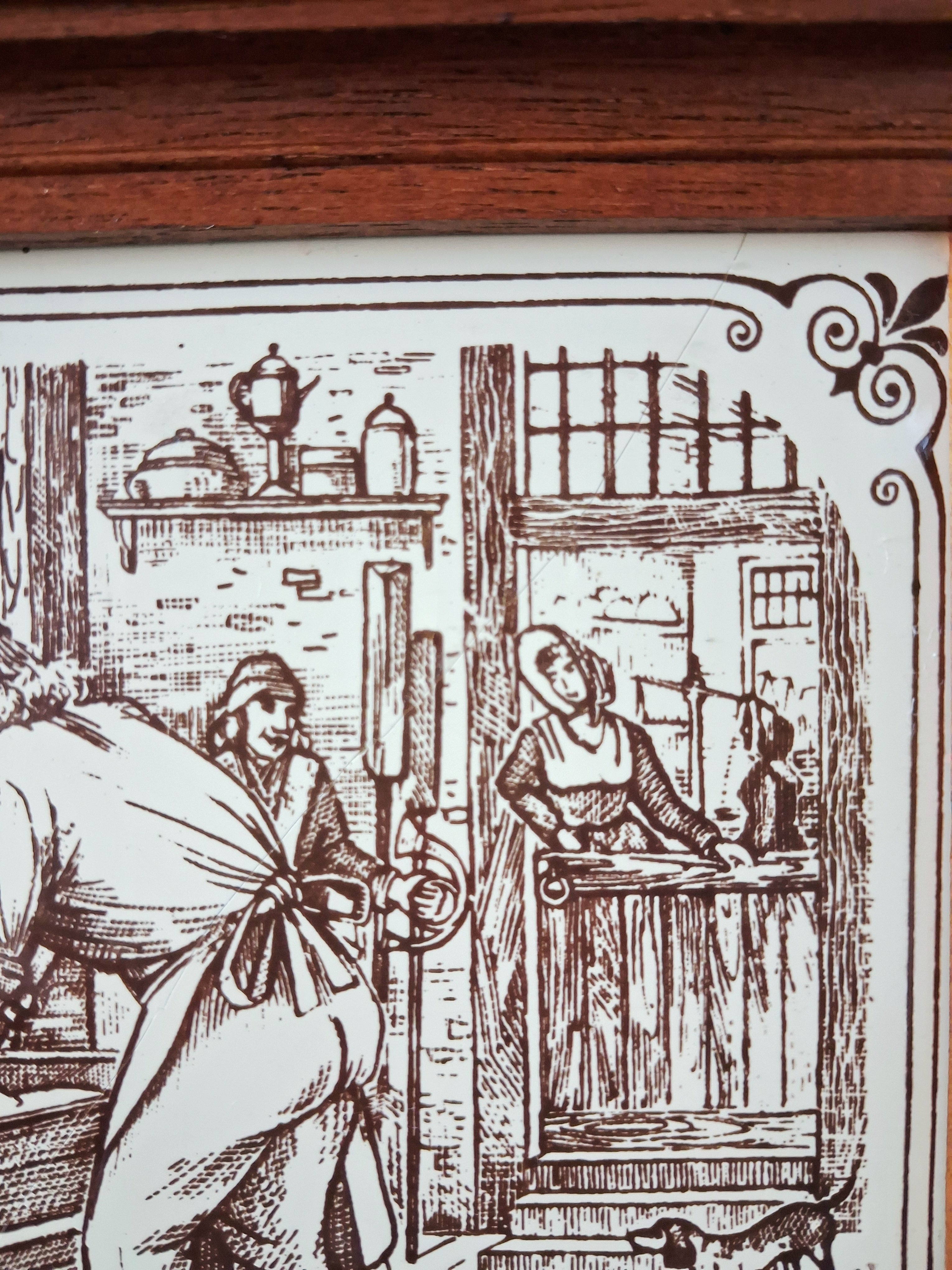 Vintage dutch ceramic tile panel “Old Dutch Crafts” in wooden frame, Brinkers Zoetermeer Netherlands mid-20th century