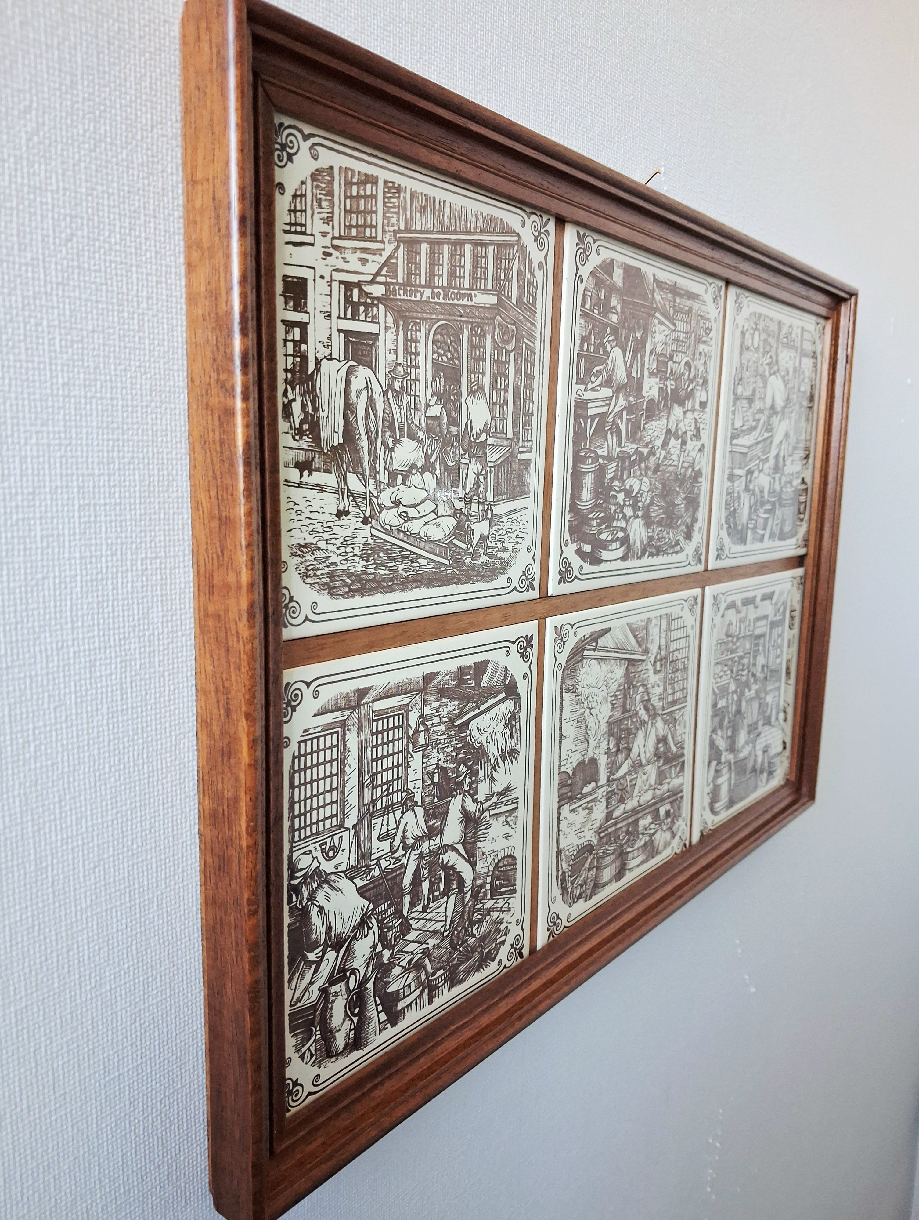 Vintage dutch ceramic tile panel “Old Dutch Crafts” in wooden frame, Brinkers Zoetermeer Netherlands mid-20th century