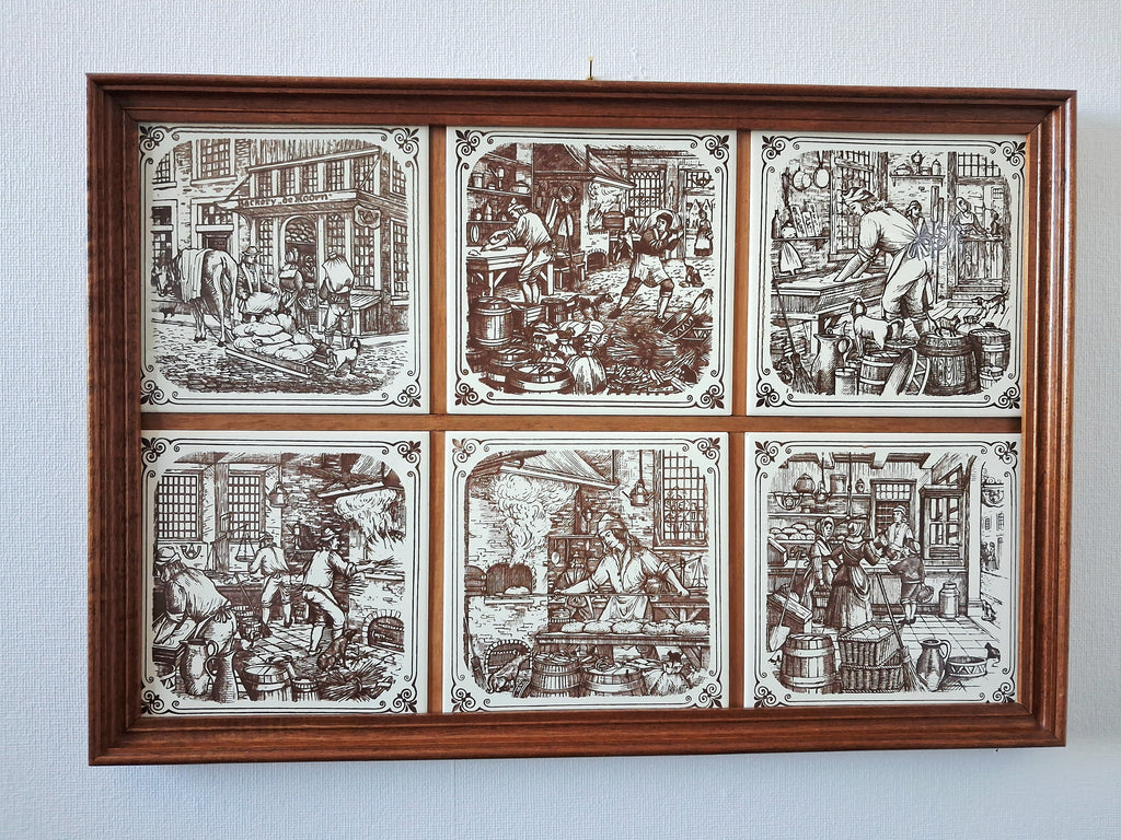 Vintage dutch ceramic tile panel “Old Dutch Crafts” in wooden frame, Brinkers Zoetermeer Netherlands mid-20th century