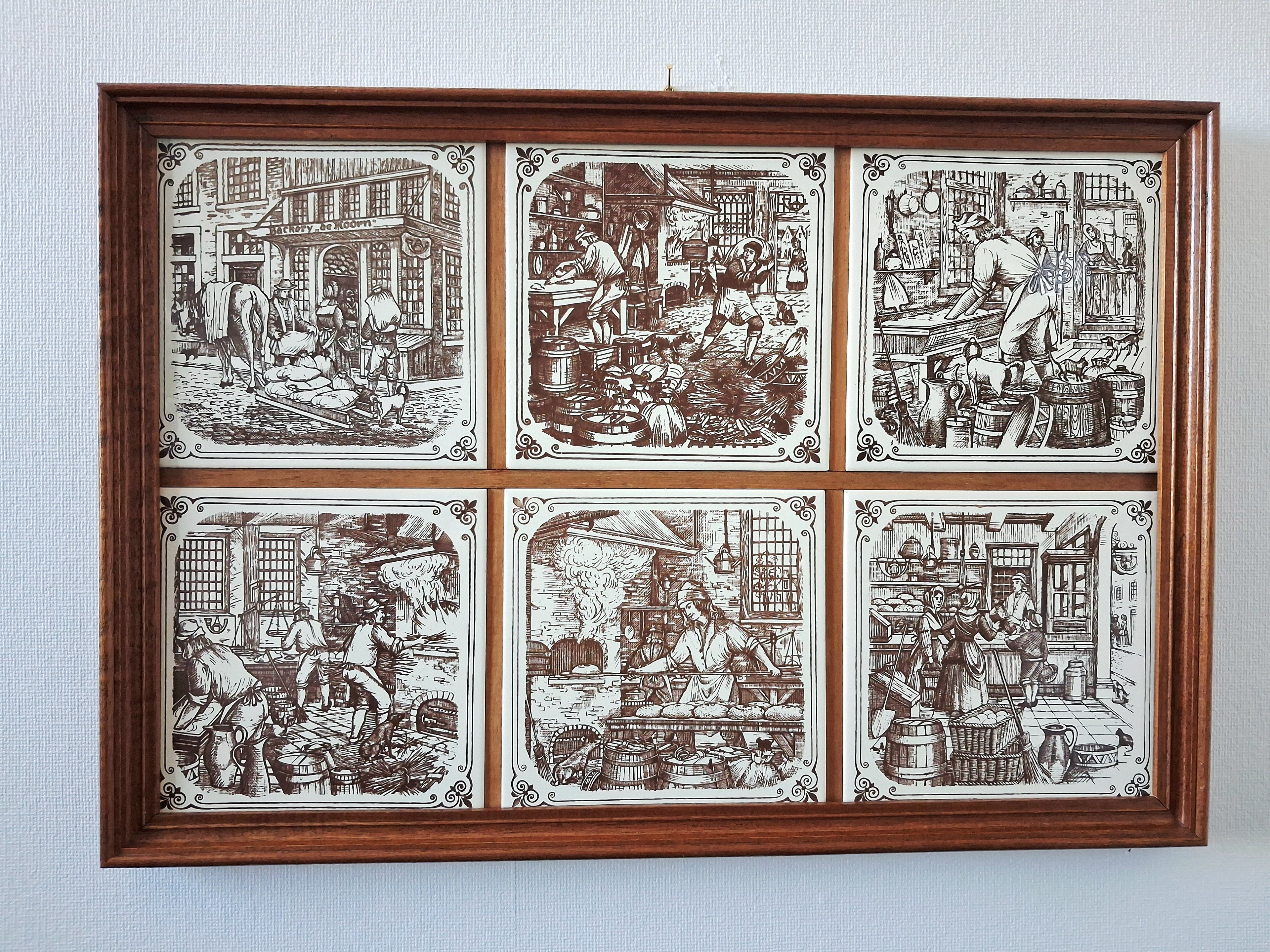 Vintage dutch ceramic tile panel “Old Dutch Crafts” in wooden frame, Brinkers Zoetermeer Netherlands mid-20th century