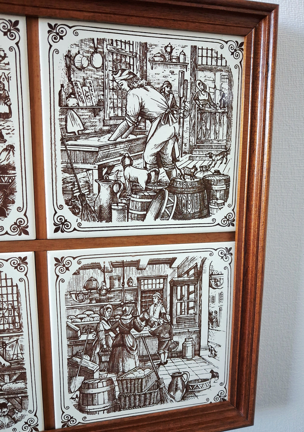 Vintage dutch ceramic tile panel “Old Dutch Crafts” in wooden frame, Brinkers Zoetermeer Netherlands mid-20th century