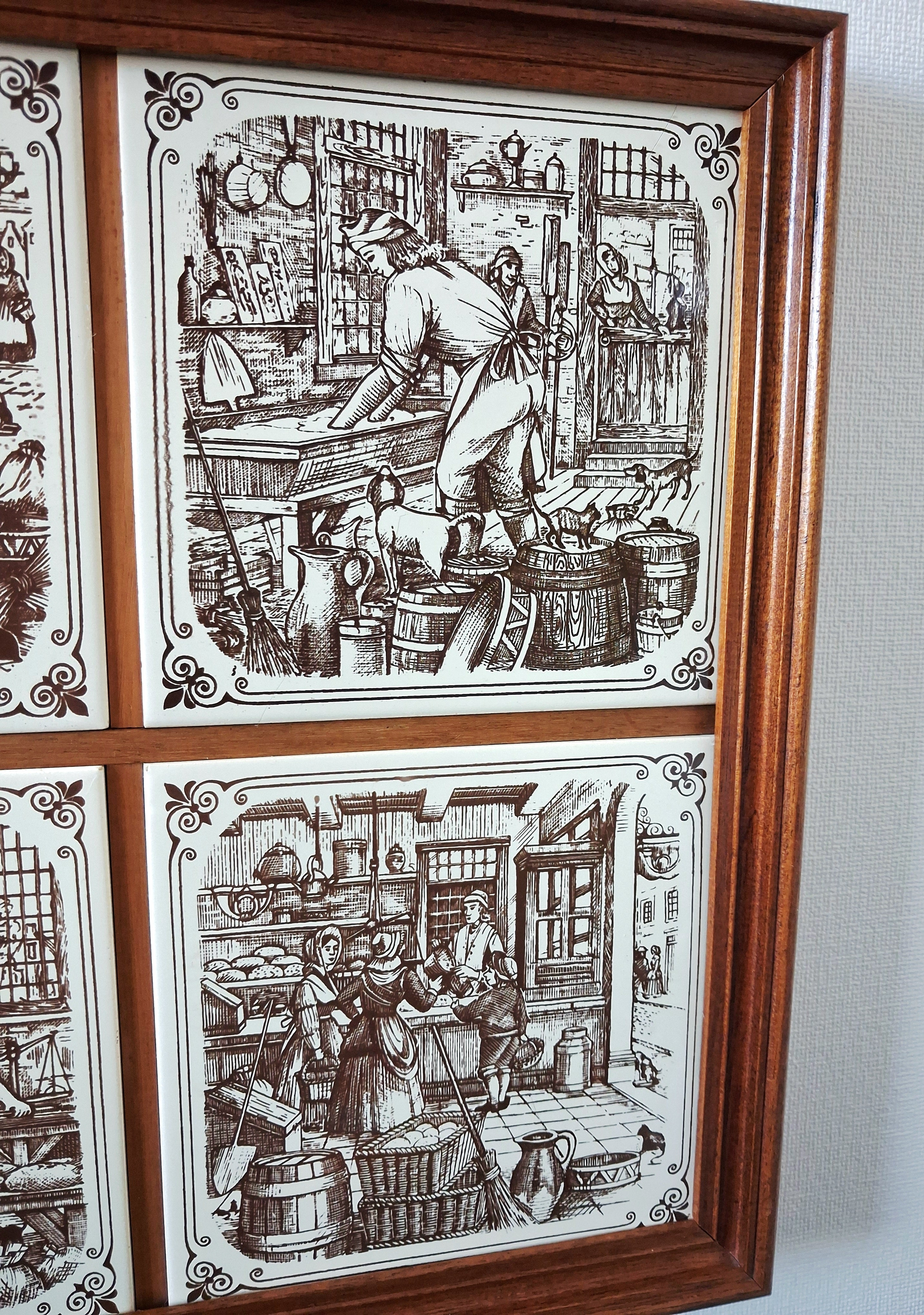 Vintage dutch ceramic tile panel “Old Dutch Crafts” in wooden frame, Brinkers Zoetermeer Netherlands mid-20th century
