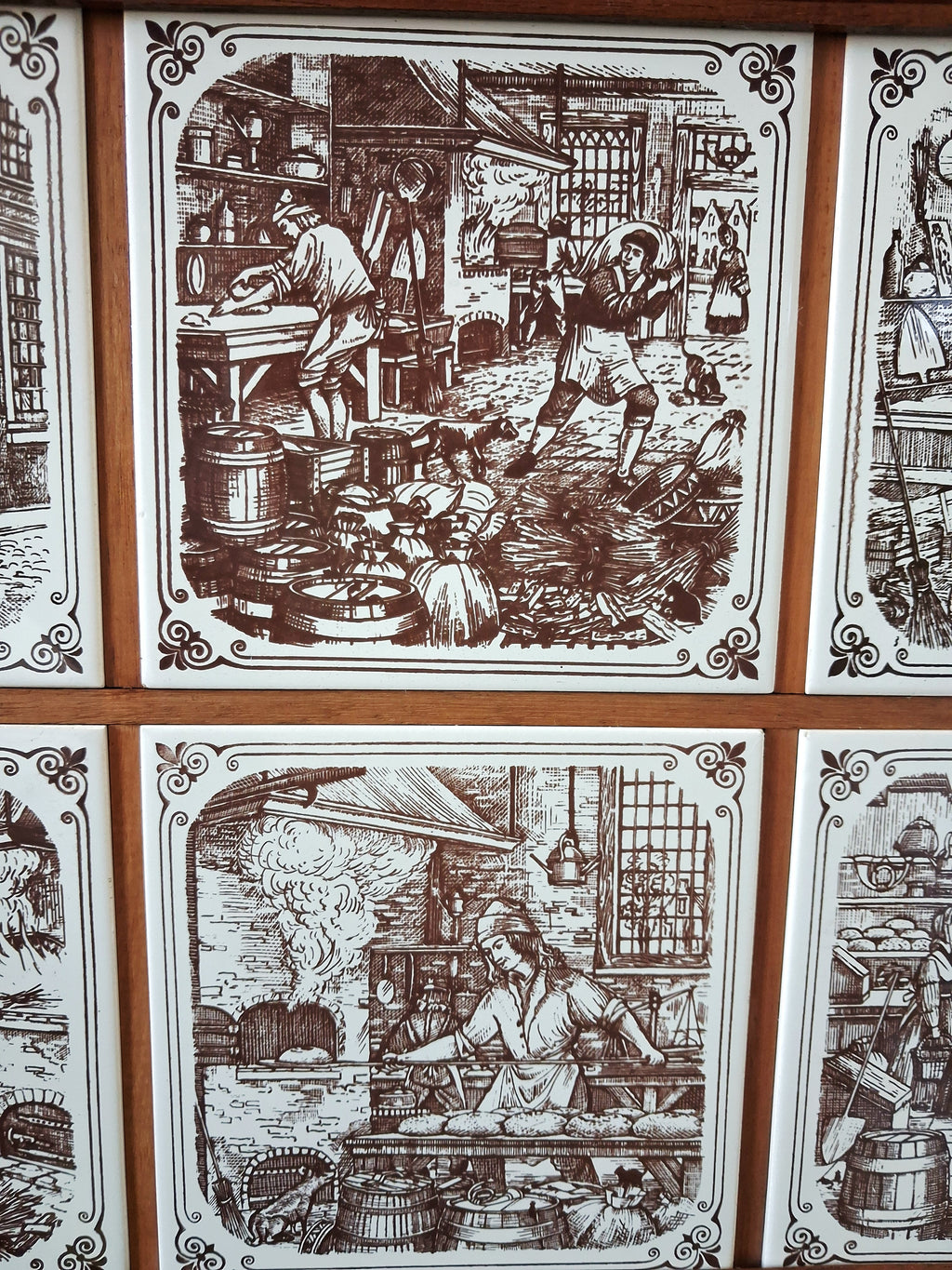 Vintage dutch ceramic tile panel “Old Dutch Crafts” in wooden frame, Brinkers Zoetermeer Netherlands mid-20th century