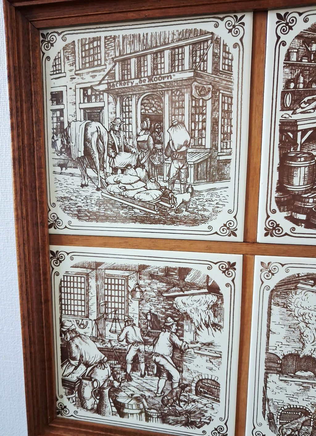 Vintage dutch ceramic tile panel “Old Dutch Crafts” in wooden frame, Brinkers Zoetermeer Netherlands mid-20th century