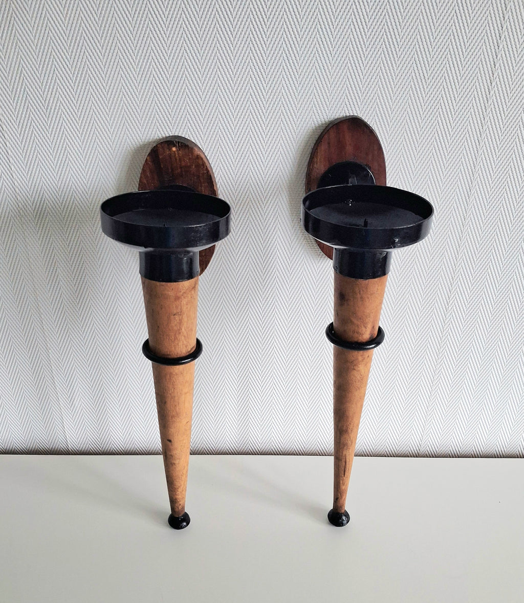 Pair of vintage wooden & metal wall candle sconces