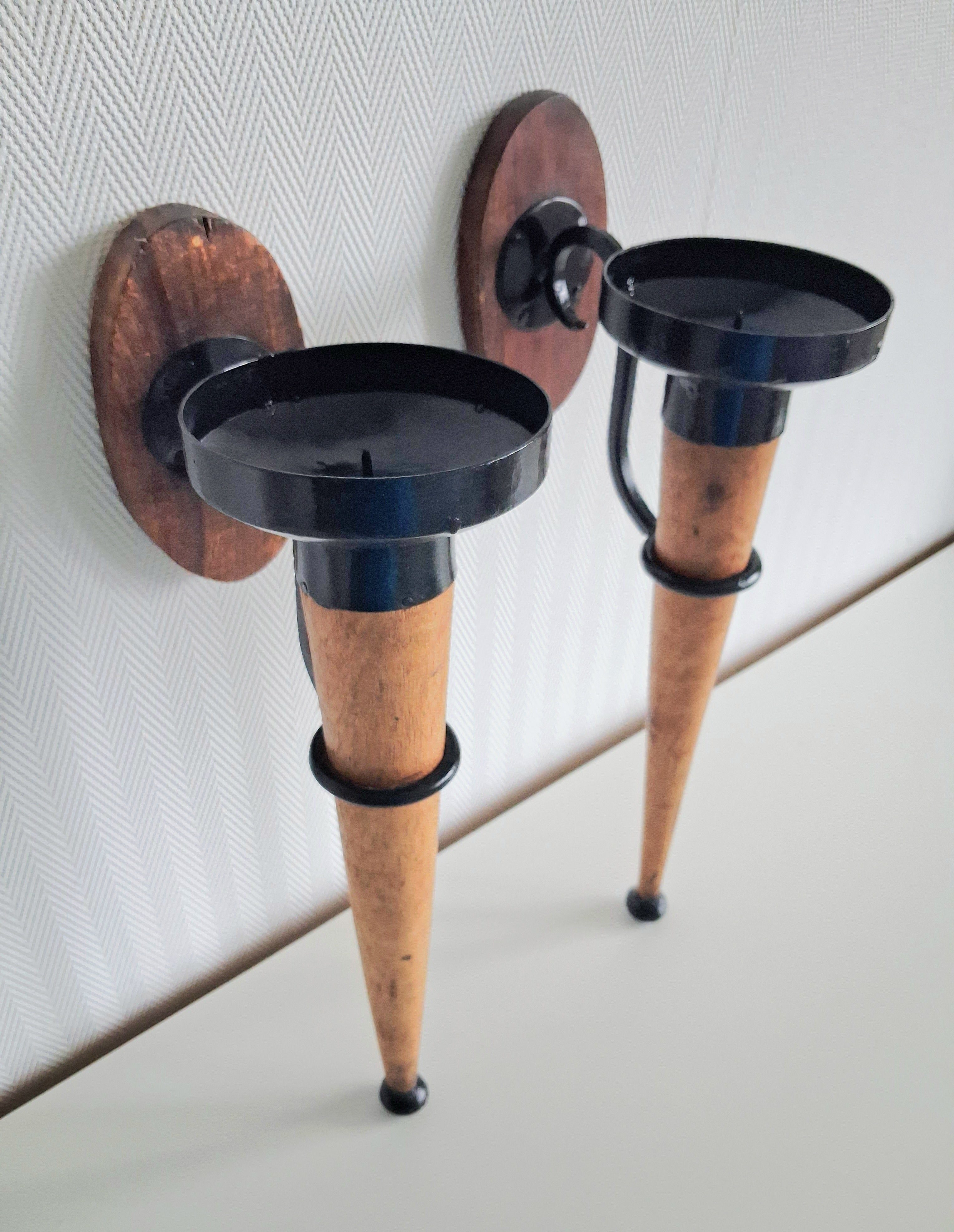 Pair of vintage wooden & metal wall candle sconces