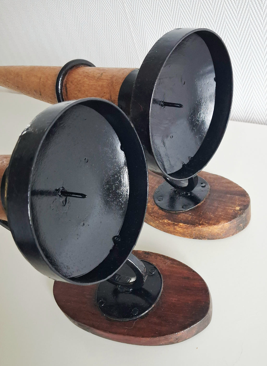 Pair of vintage wooden & metal wall candle sconces