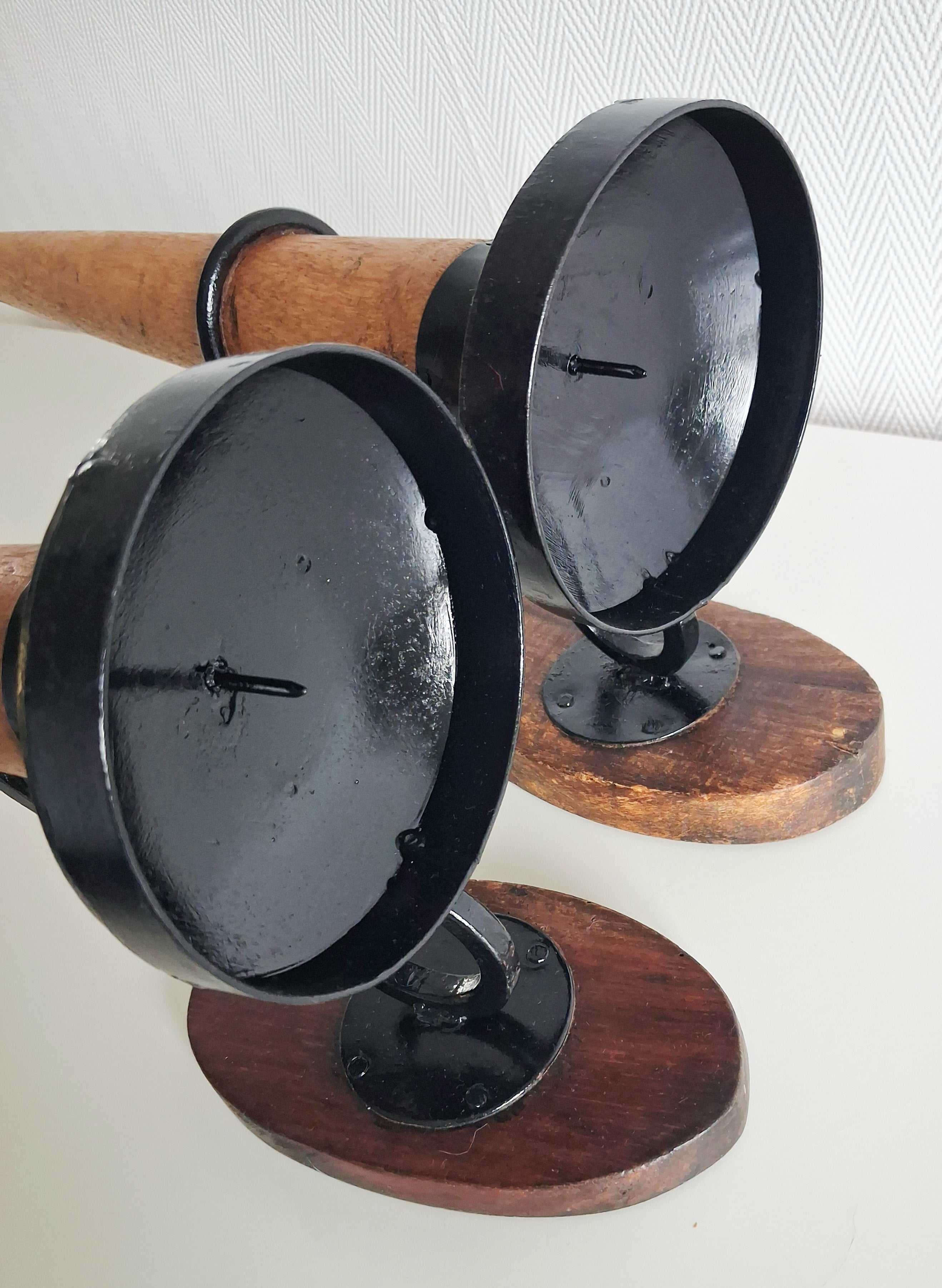 Pair of vintage wooden & metal wall candle sconces