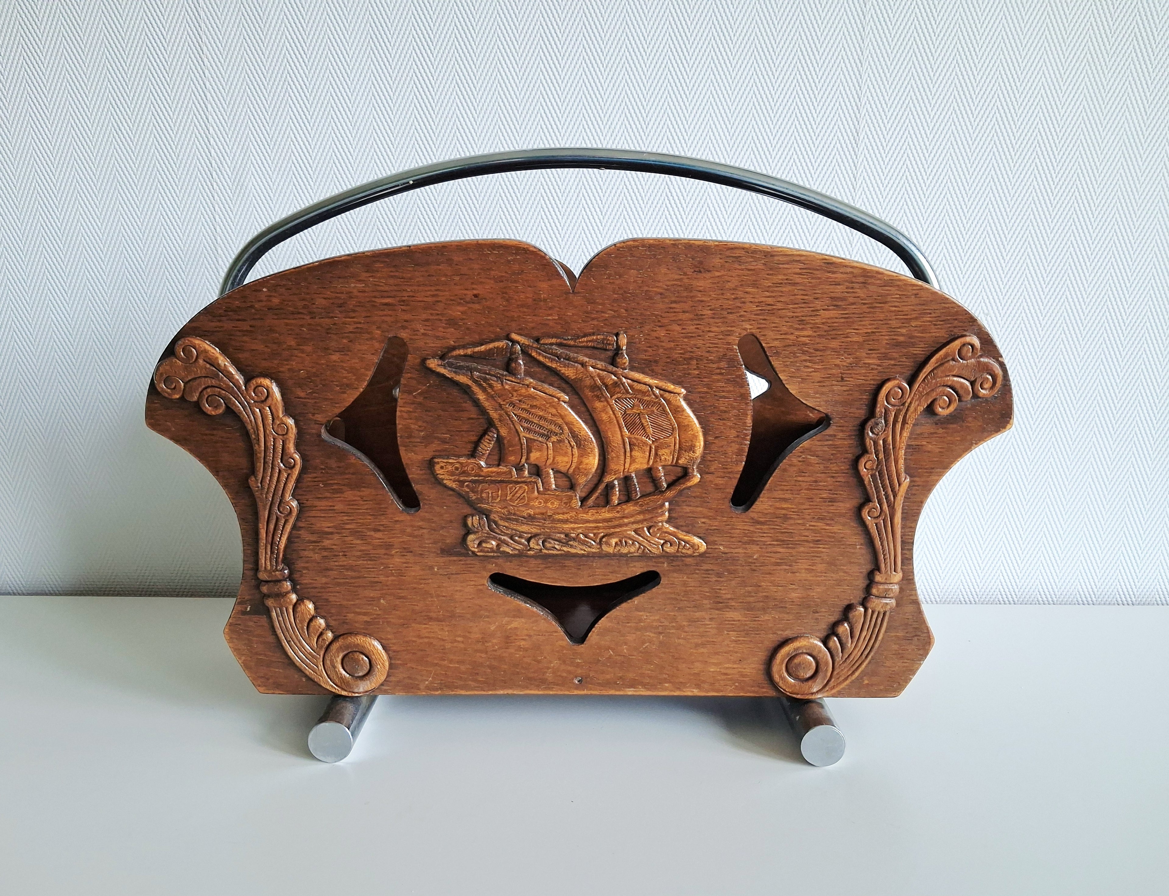 Vintage oak magazine rack with sailing ship carving,  Art deco newspaper holder, 1950s