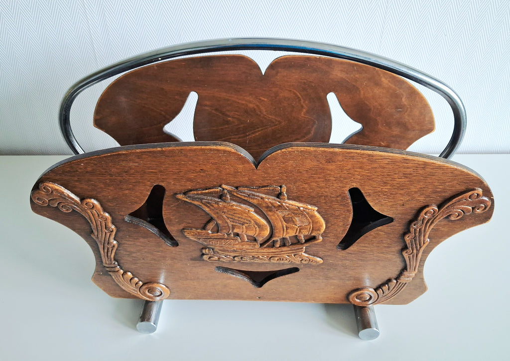 Vintage oak magazine rack with sailing ship carving,  Art deco newspaper holder, 1950s