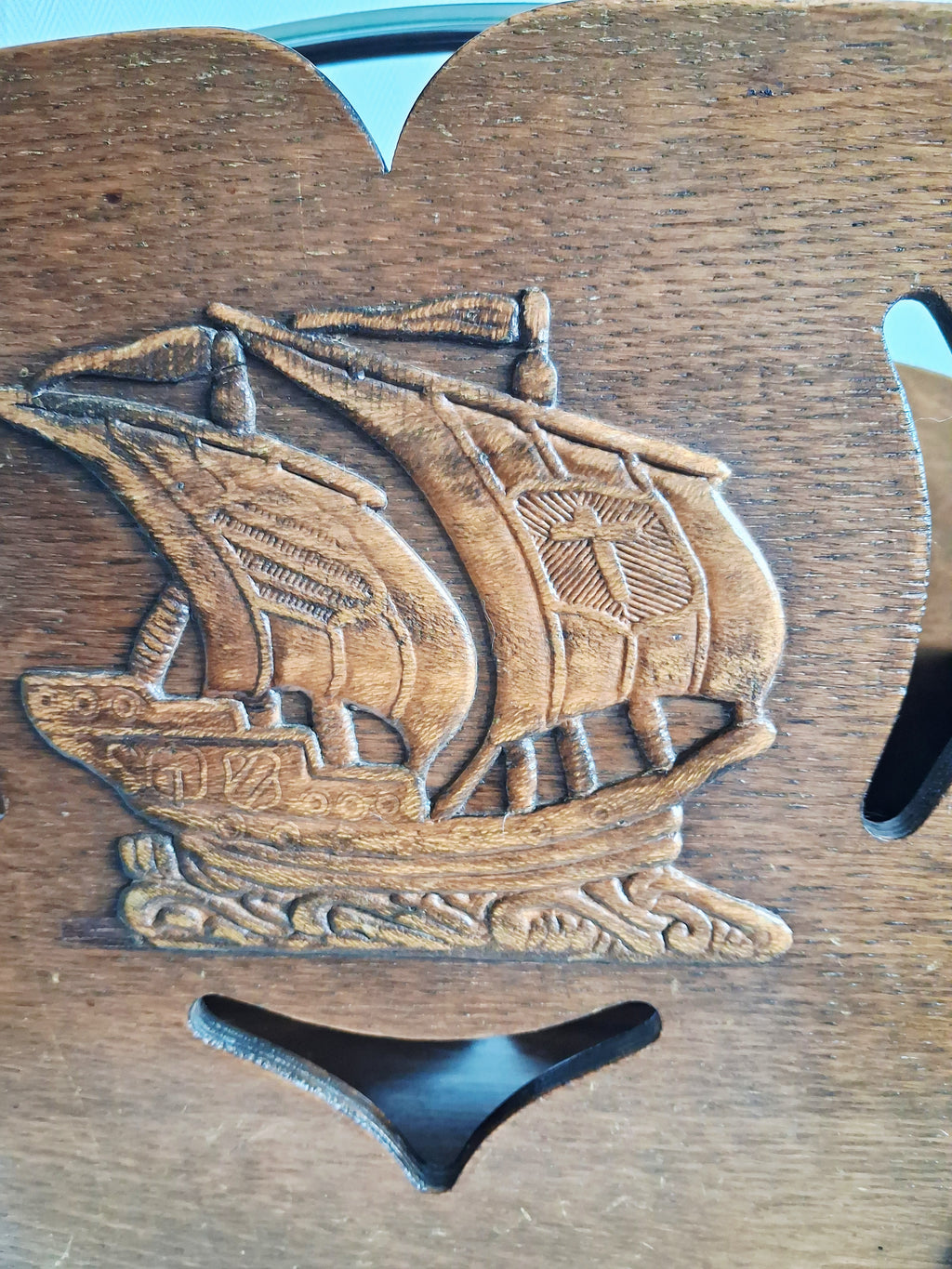 Vintage oak magazine rack with sailing ship carving,  Art deco newspaper holder, 1950s