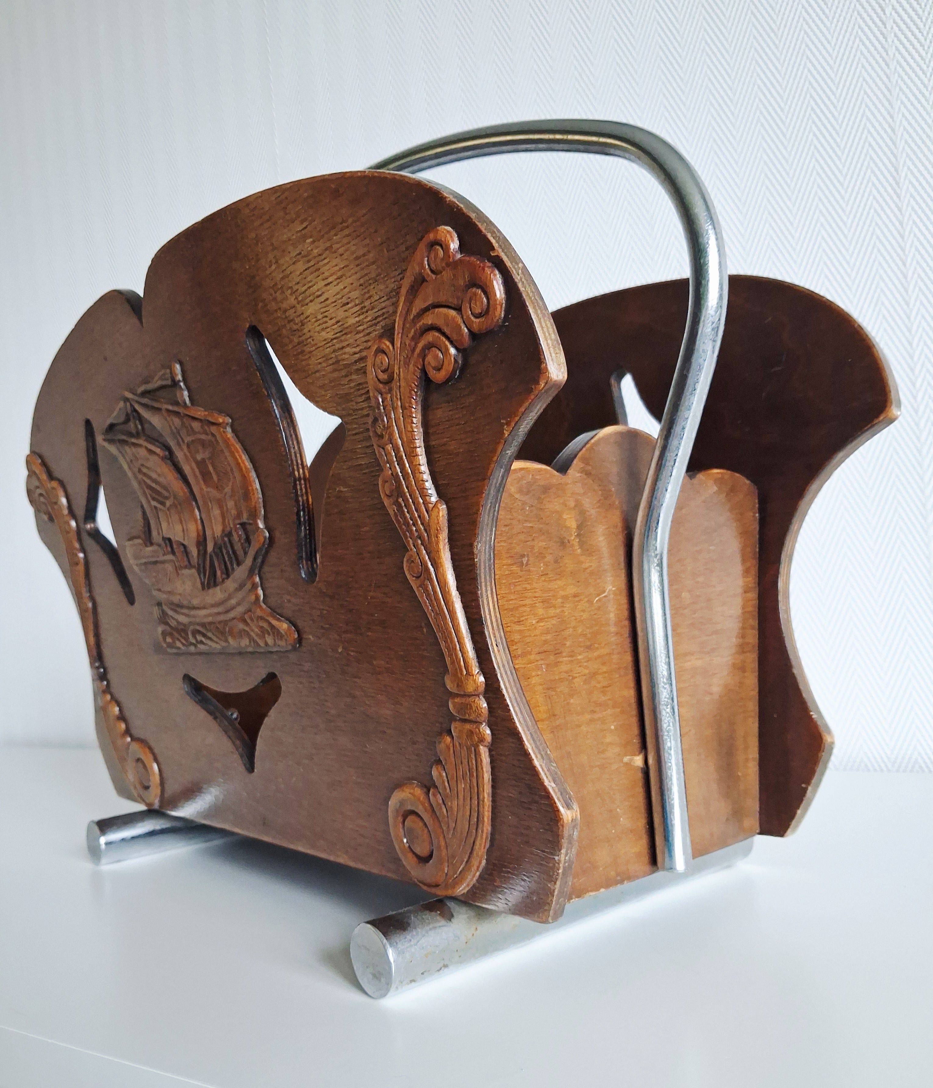 Vintage oak magazine rack with sailing ship carving,  Art deco newspaper holder, 1950s