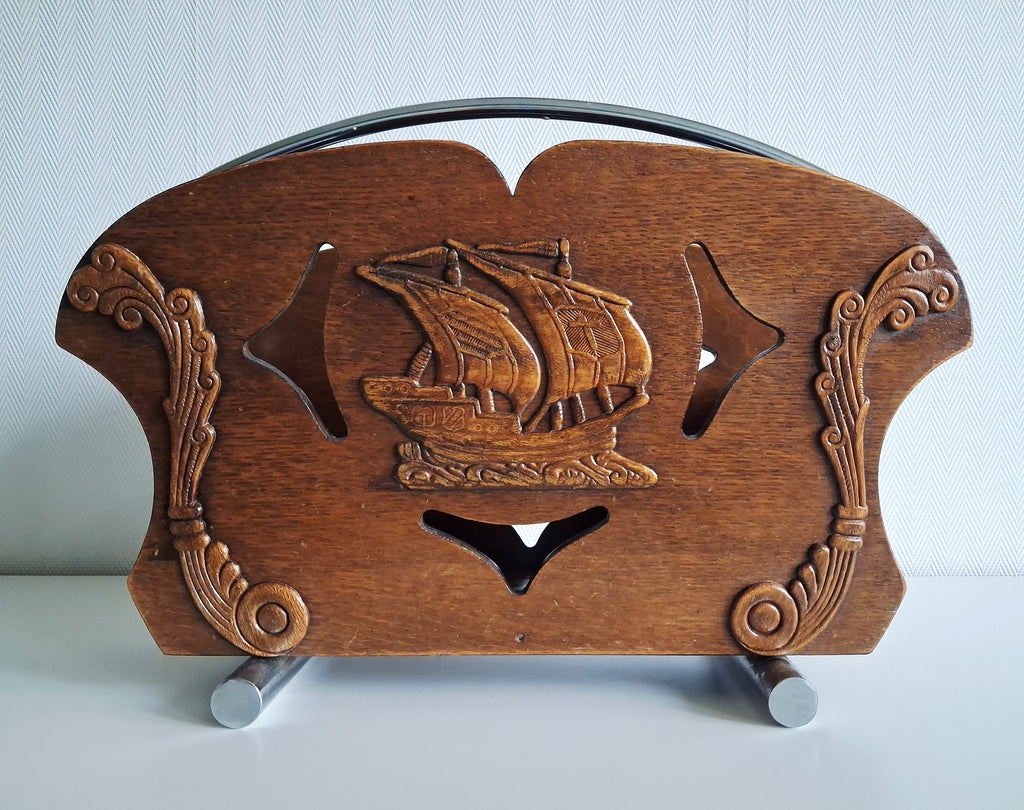 Vintage oak magazine rack with sailing ship carving,  Art deco newspaper holder, 1950s