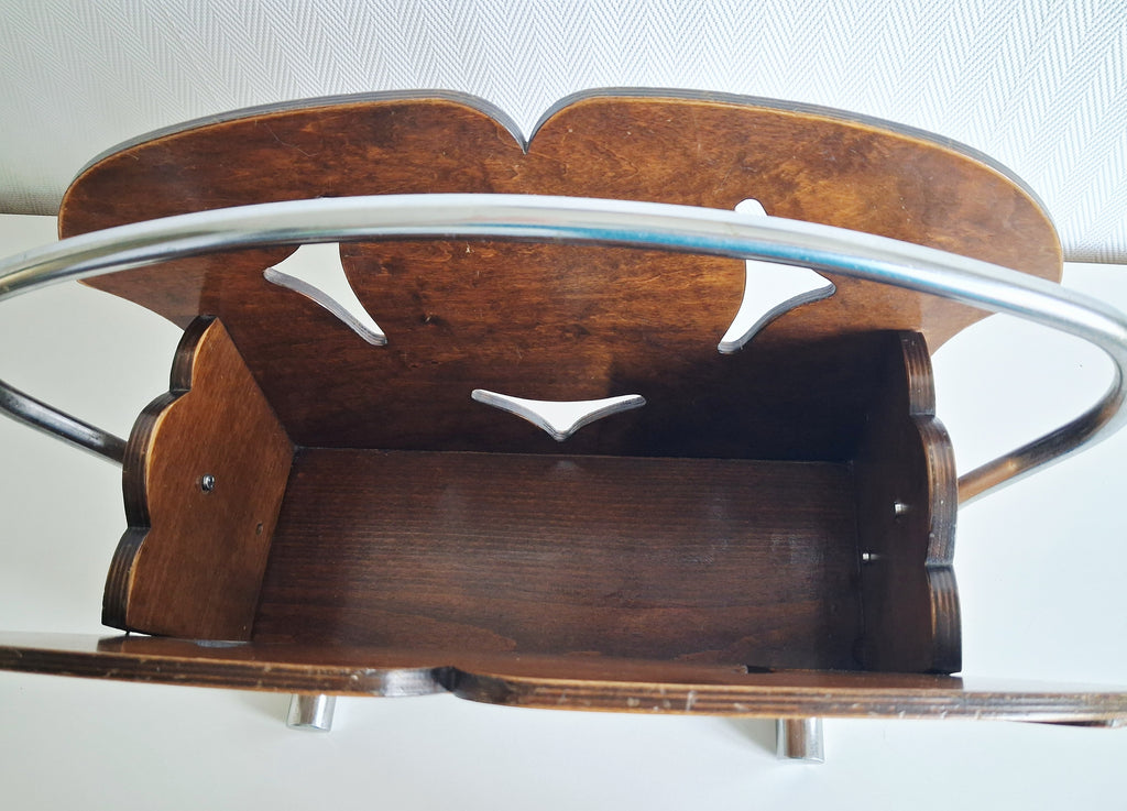 Vintage oak magazine rack with sailing ship carving,  Art deco newspaper holder, 1950s