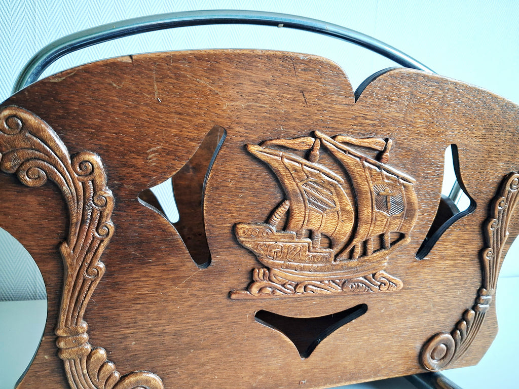 Vintage oak magazine rack with sailing ship carving,  Art deco newspaper holder, 1950s