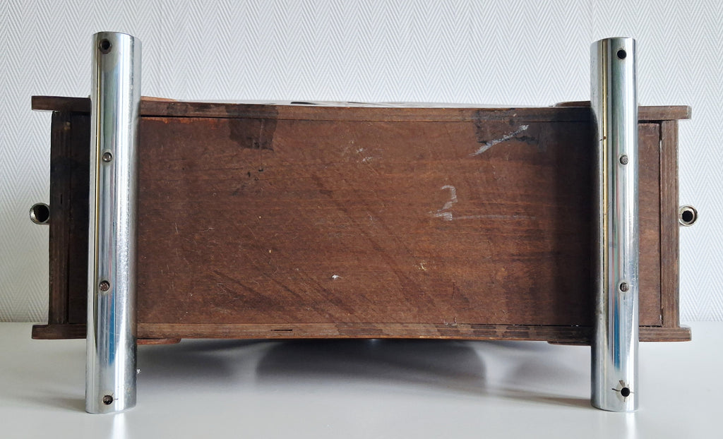 Vintage oak magazine rack with sailing ship carving,  Art deco newspaper holder, 1950s
