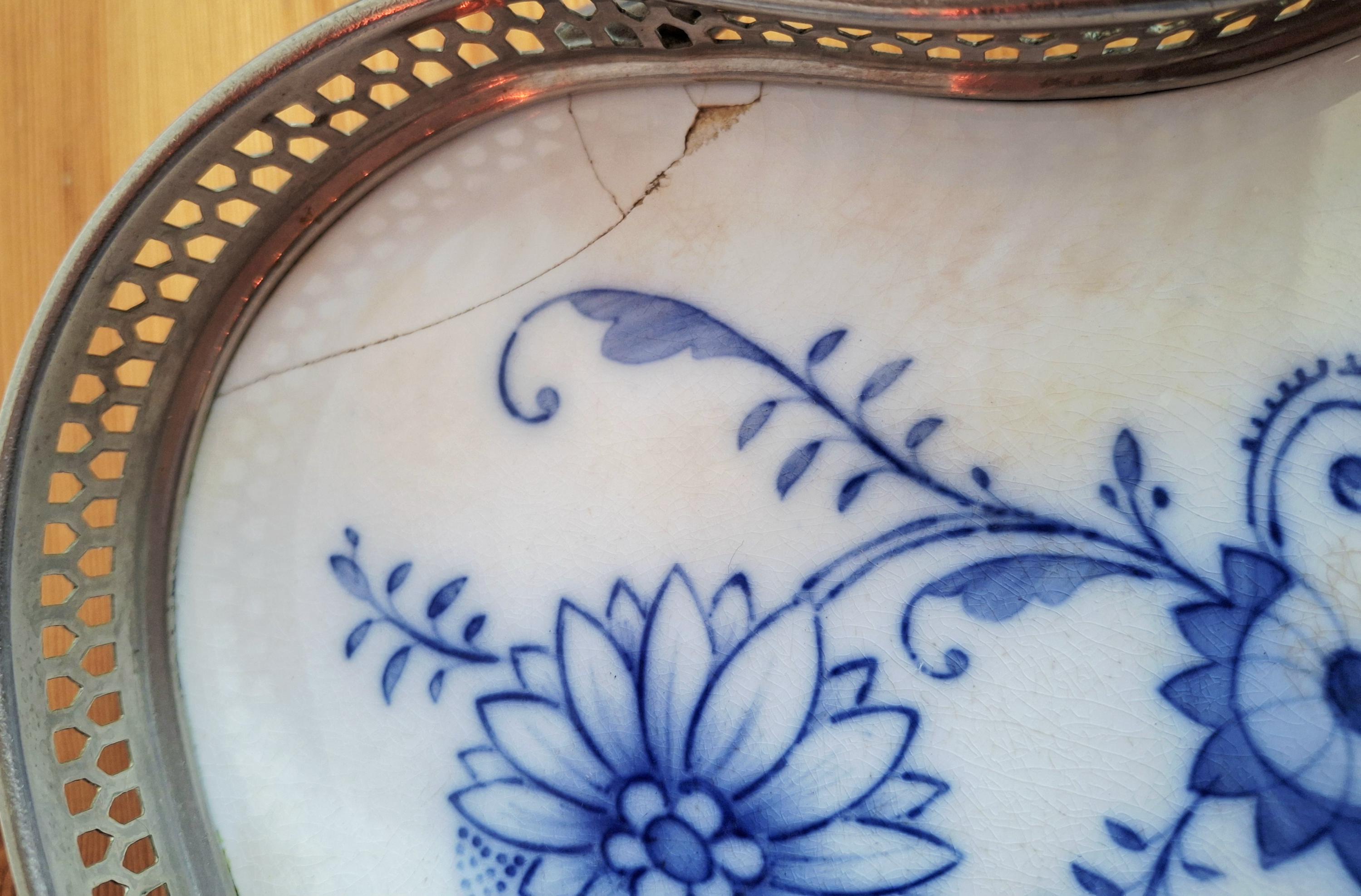 Vintage Delft Blue style porcelain and metal serving tray