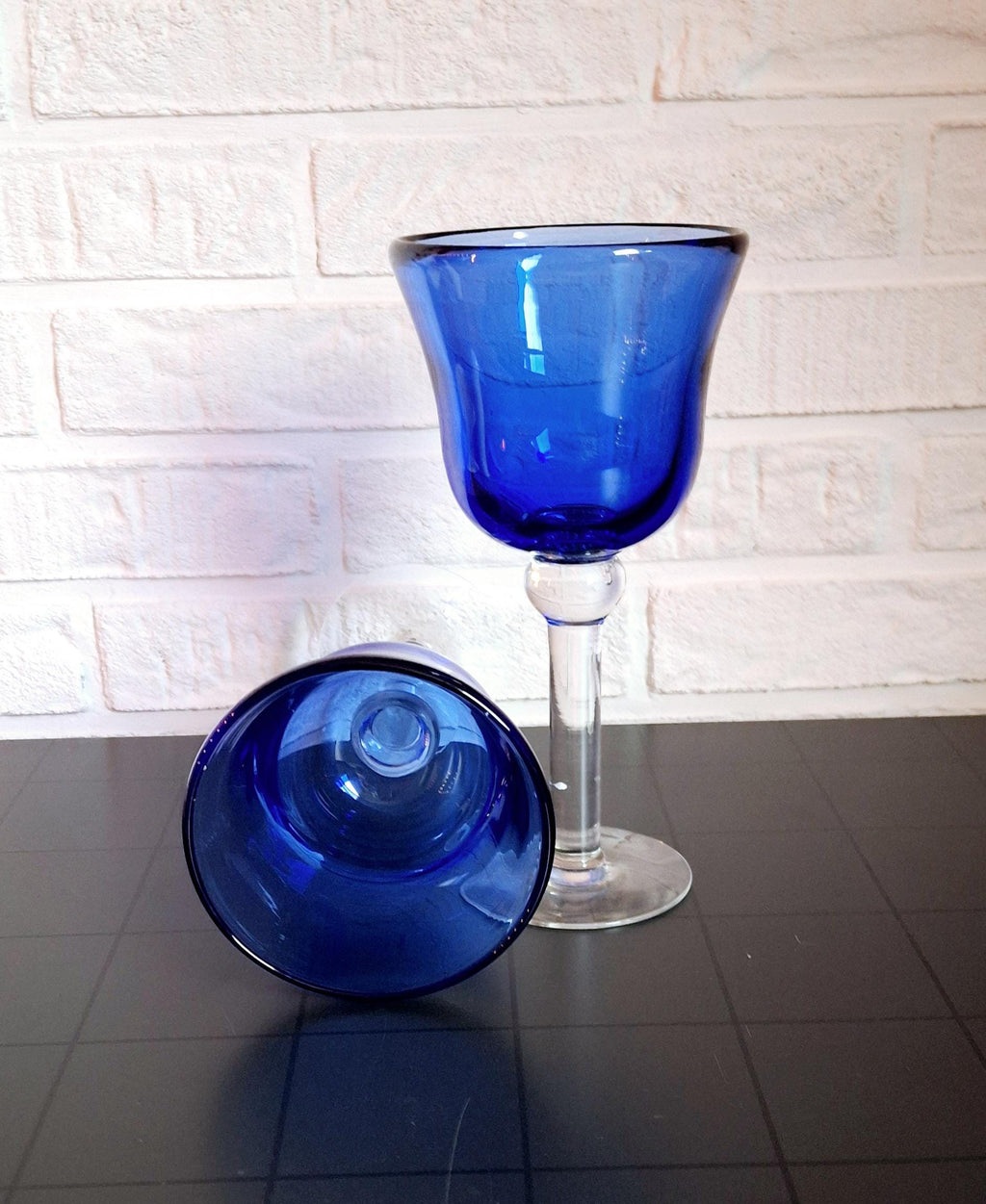 Vintage cobalt blue glassware pair, Two thick wine glasses, Cobalt blue goblets