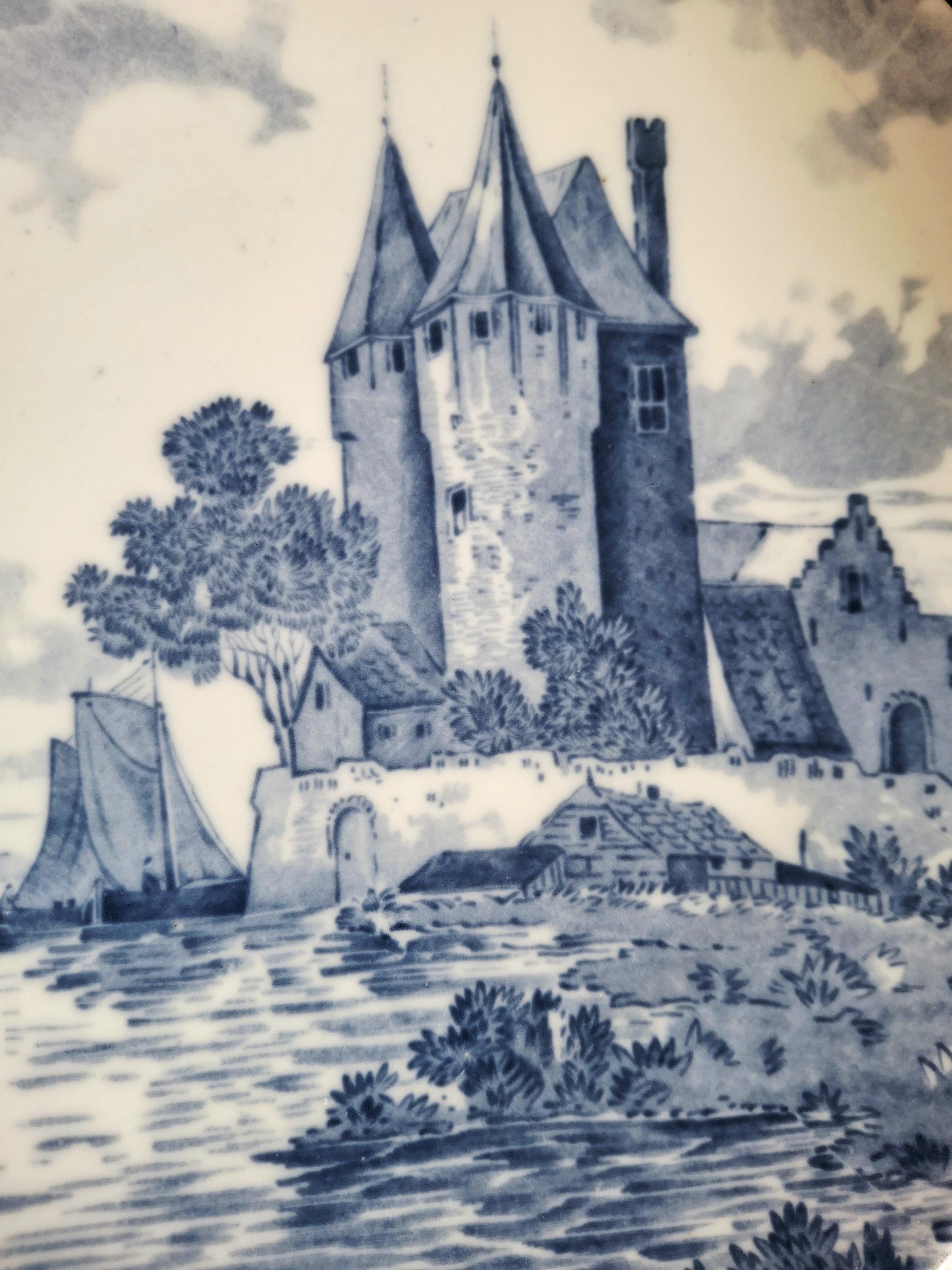 Set of 2 antique Delft-style plates by Mosa Maastricht, Dutch blue and white pottery