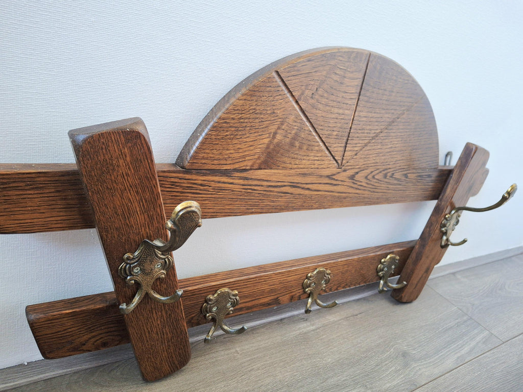 Oak wall coat rack with brass hooks, Art Deco coat holder
