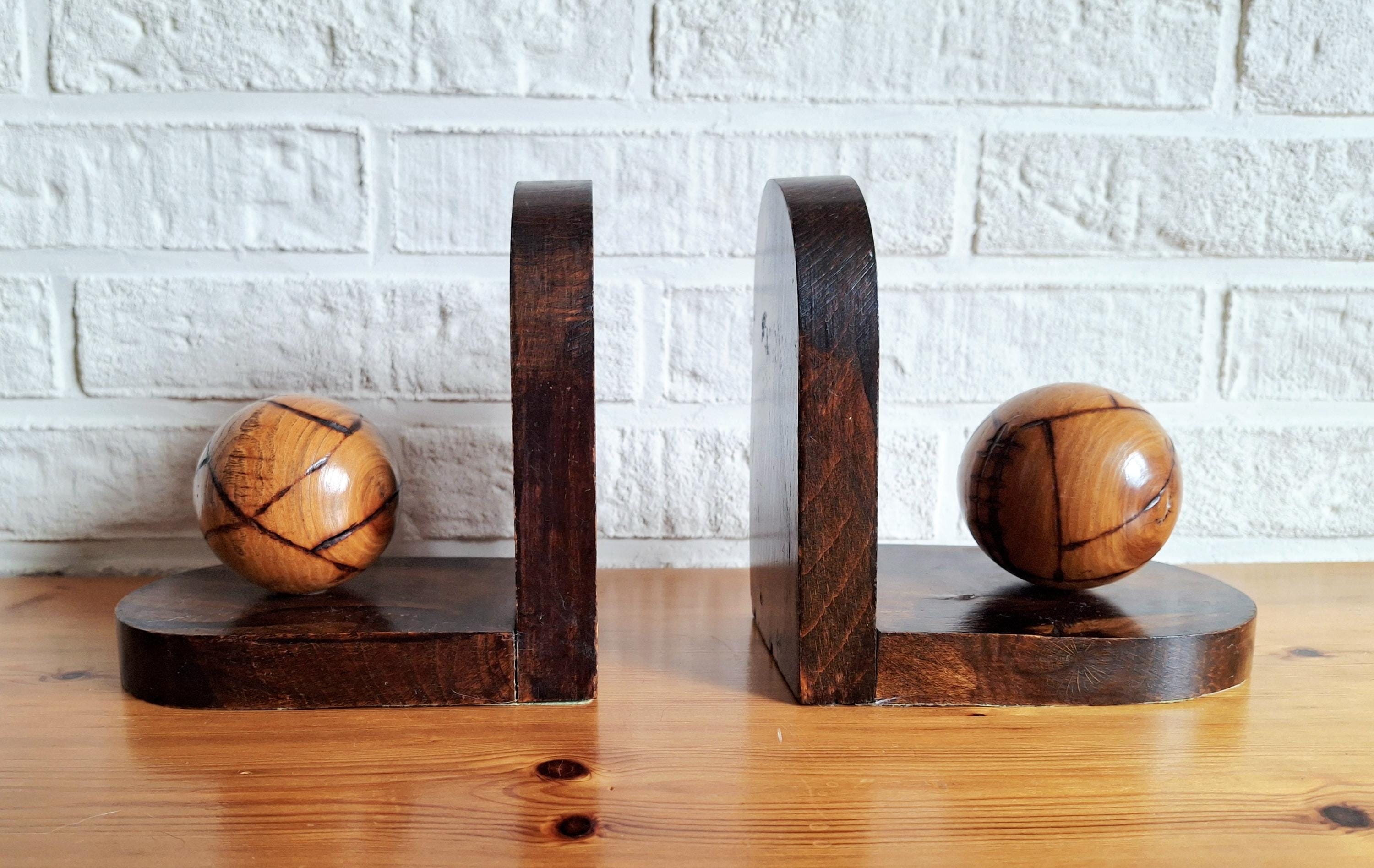 A Pair of oak bookends, Art deco bookends ball, Dutch wooden bookends with spheres