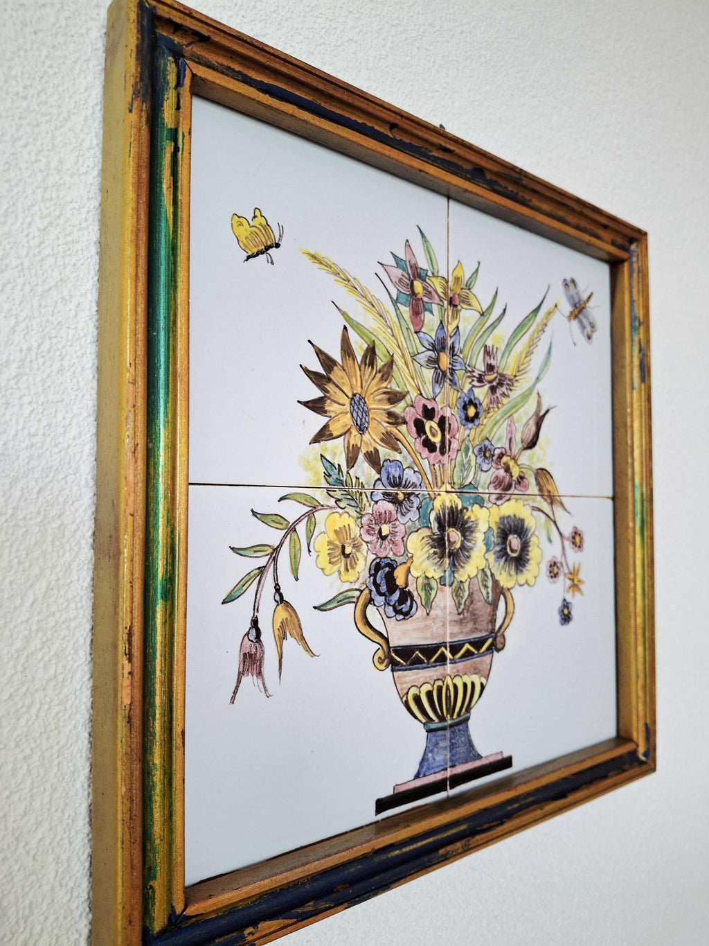 Delft tile panel, 4 tile tableau flowers in vase pot, Delft polychrome flower pot