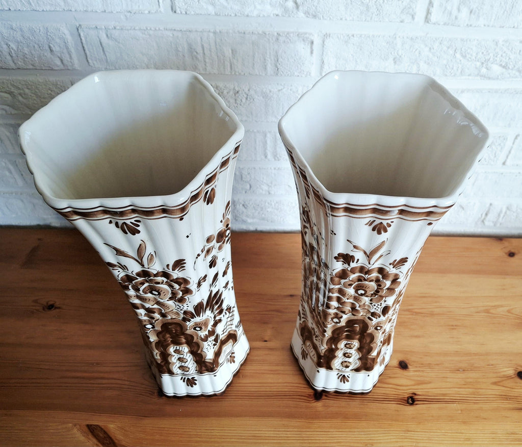 Pair of hand painted Gouda Plateel Holland Vases, Floral design, 31 cm