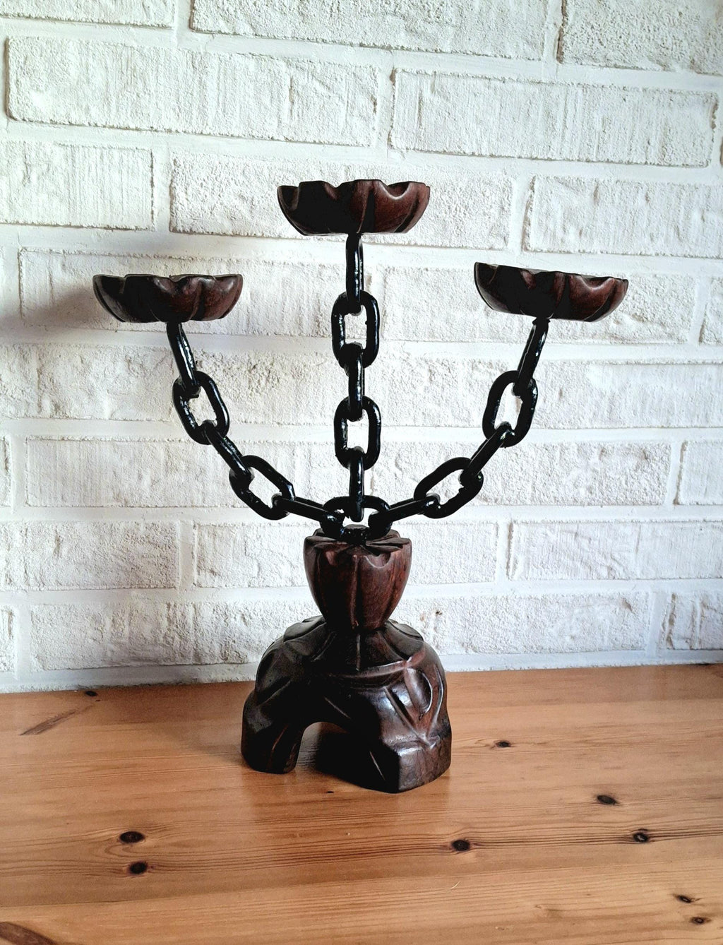 Vintage spanish wooden gothic candelabra, chain candlestick