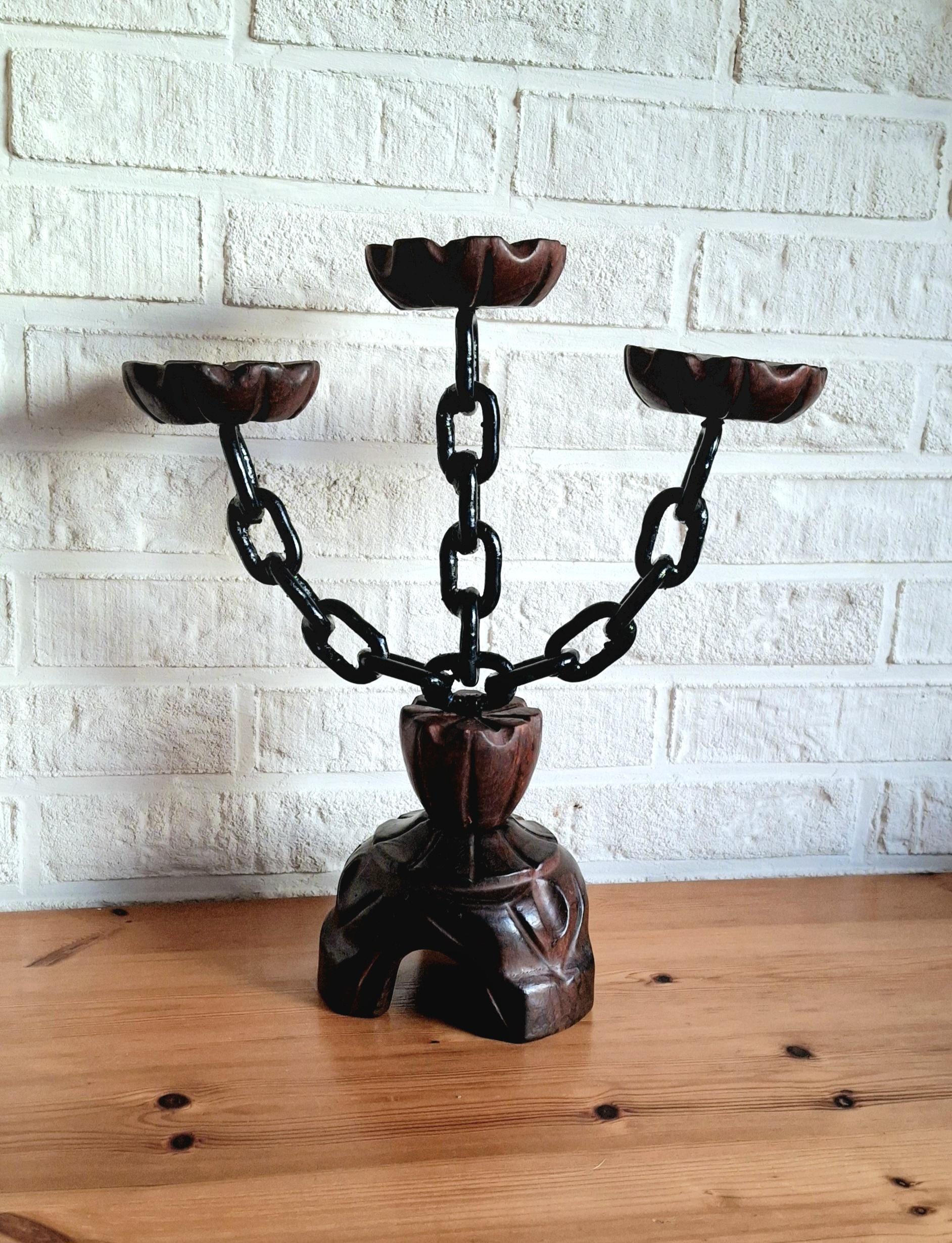 Vintage spanish wooden gothic candelabra, chain candlestick