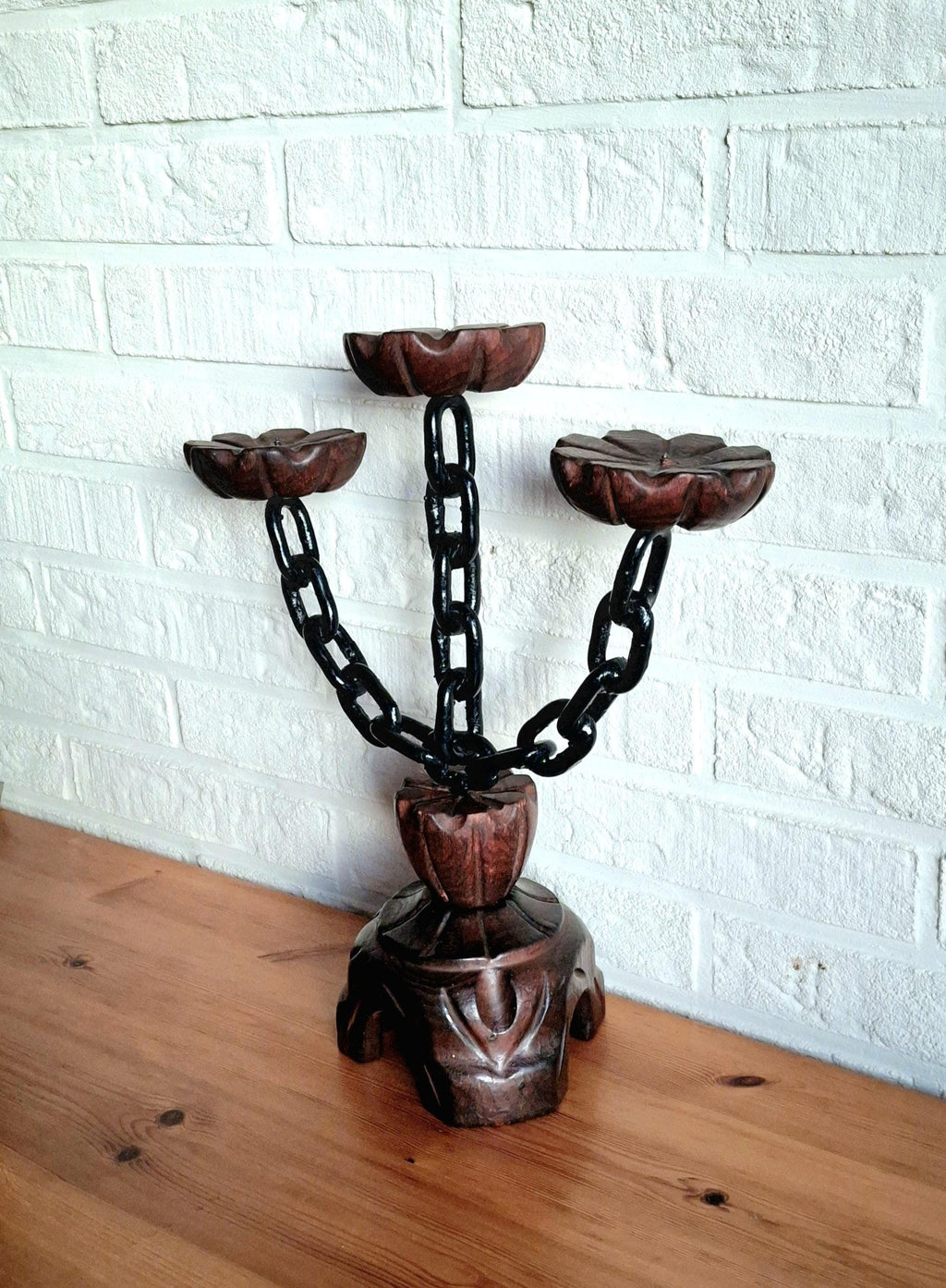 Vintage spanish wooden gothic candelabra, chain candlestick