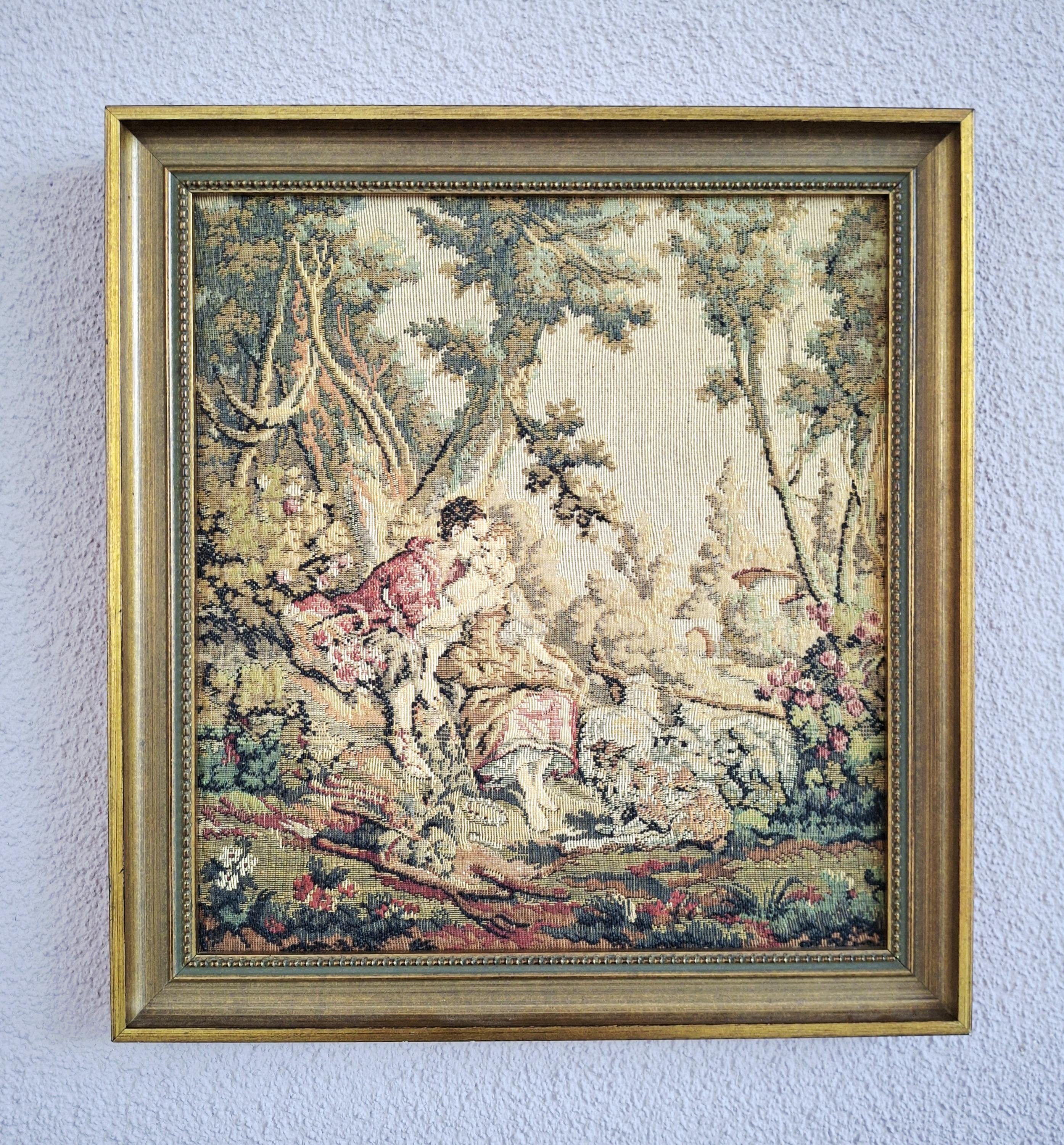 Pair of vintage French-style tapestry wall hangings, Rococo pastoral scenes, Romantic wall art
