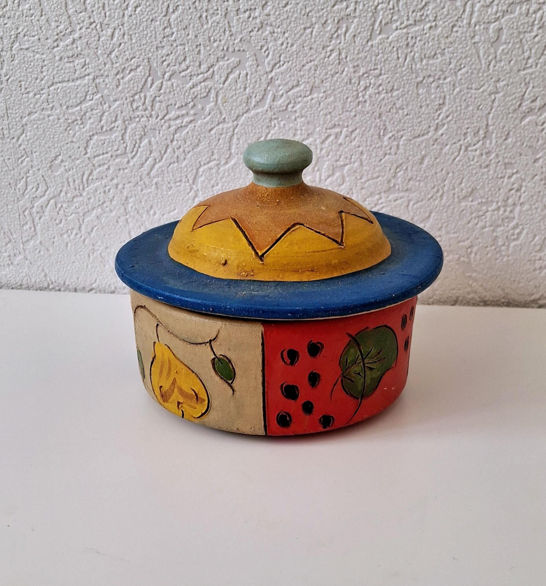 Hand painted ceramic lidded pot, Folk art kitchen decor
