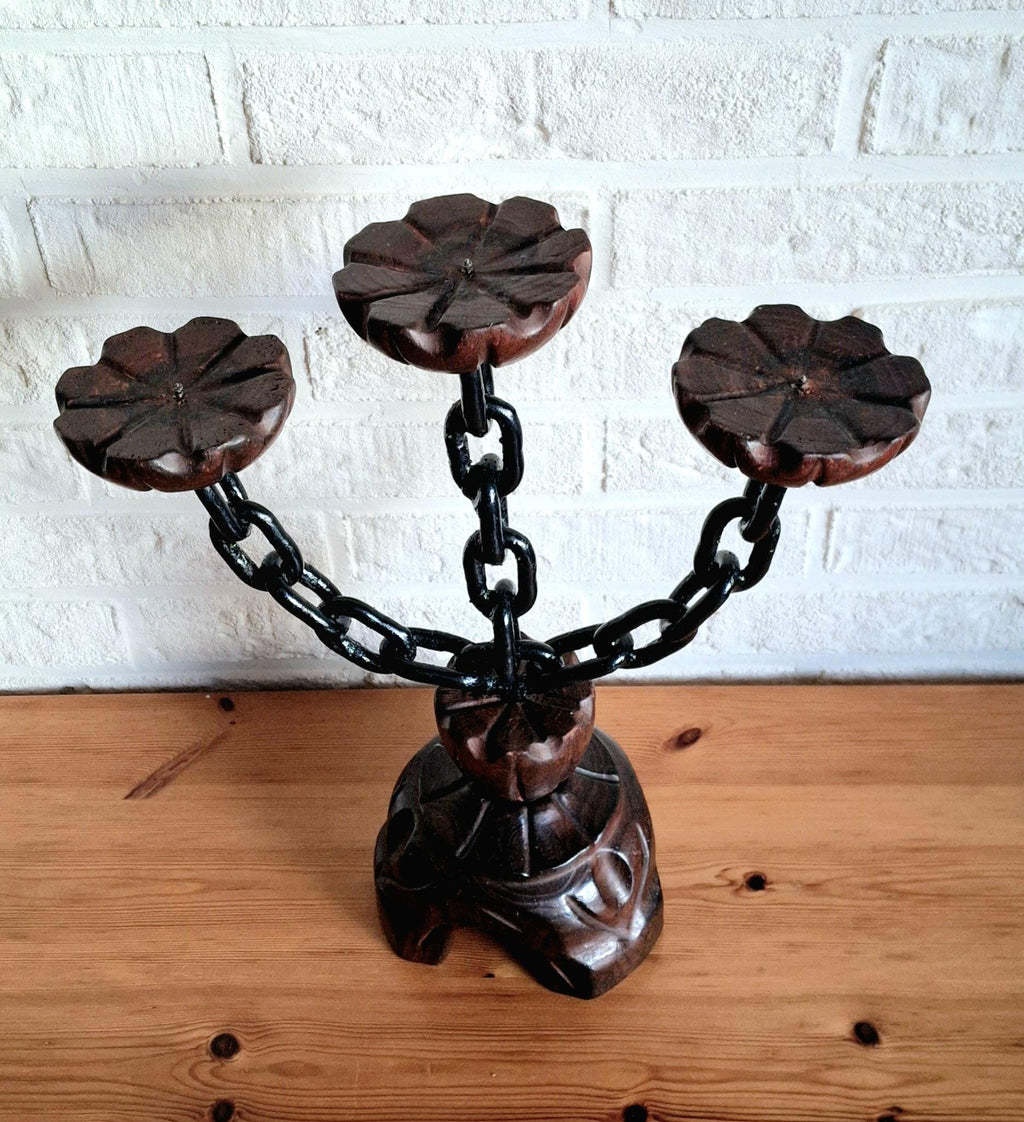 Vintage spanish wooden gothic candelabra, chain candlestick