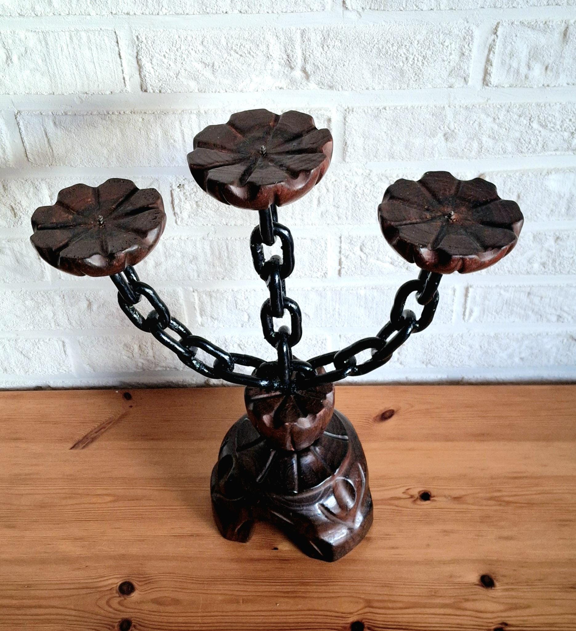 Vintage spanish wooden gothic candelabra, chain candlestick