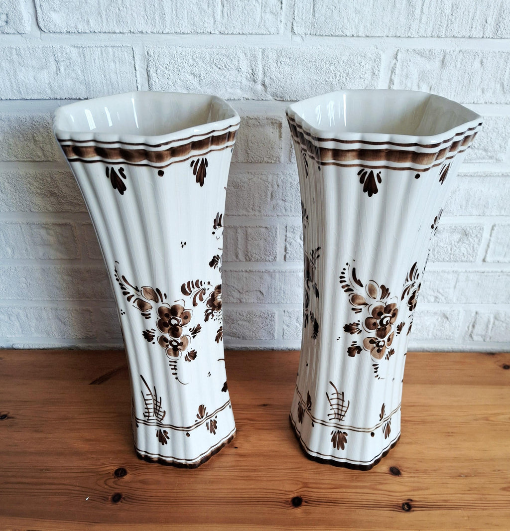 Pair of hand painted Gouda Plateel Holland Vases, Floral design, 31 cm
