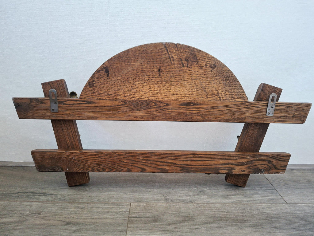 Oak wall coat rack with brass hooks, Art Deco coat holder