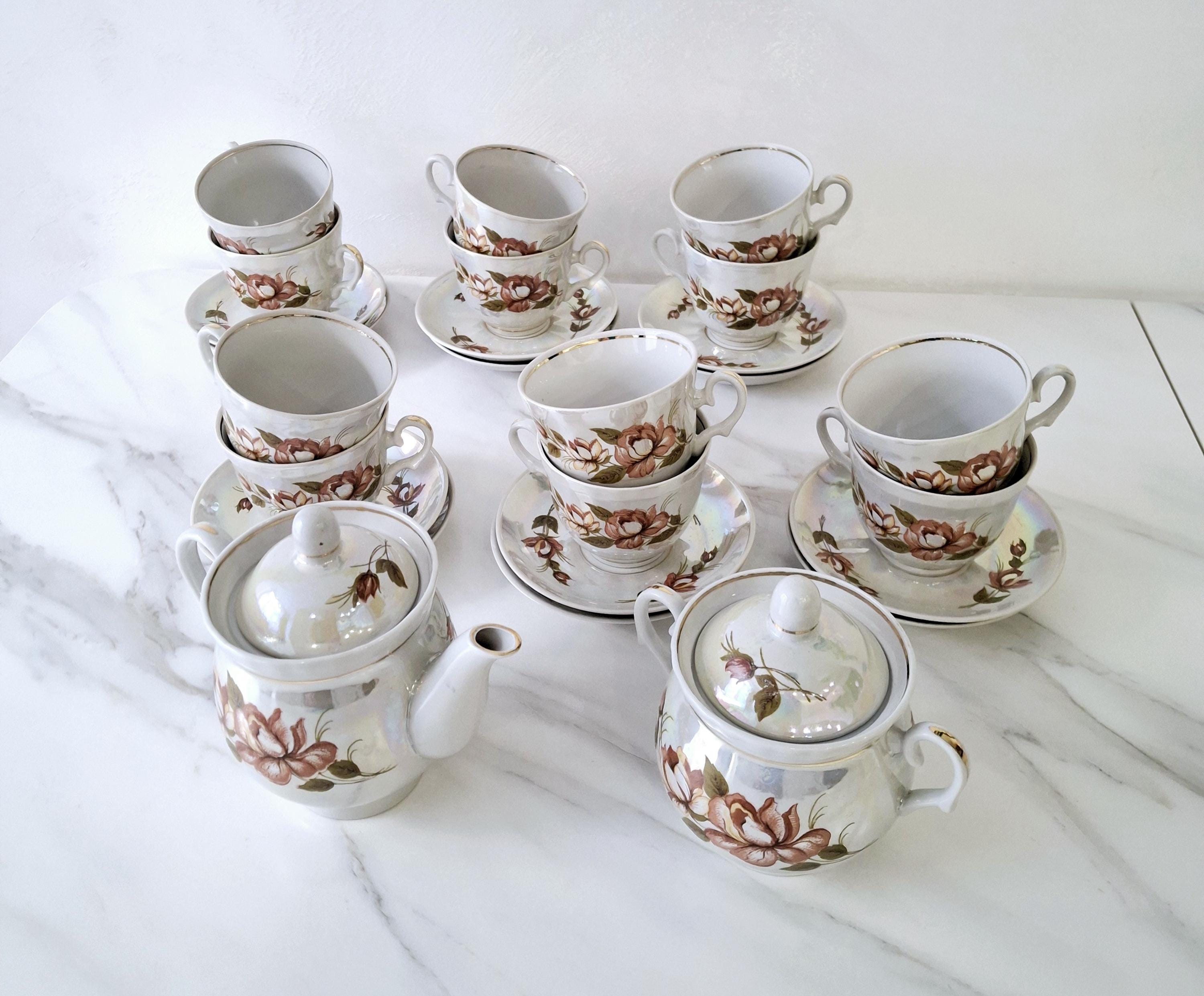 Vintage Baranivka porcelain tea set with gold trim and pearl glaze, Set for 12 person