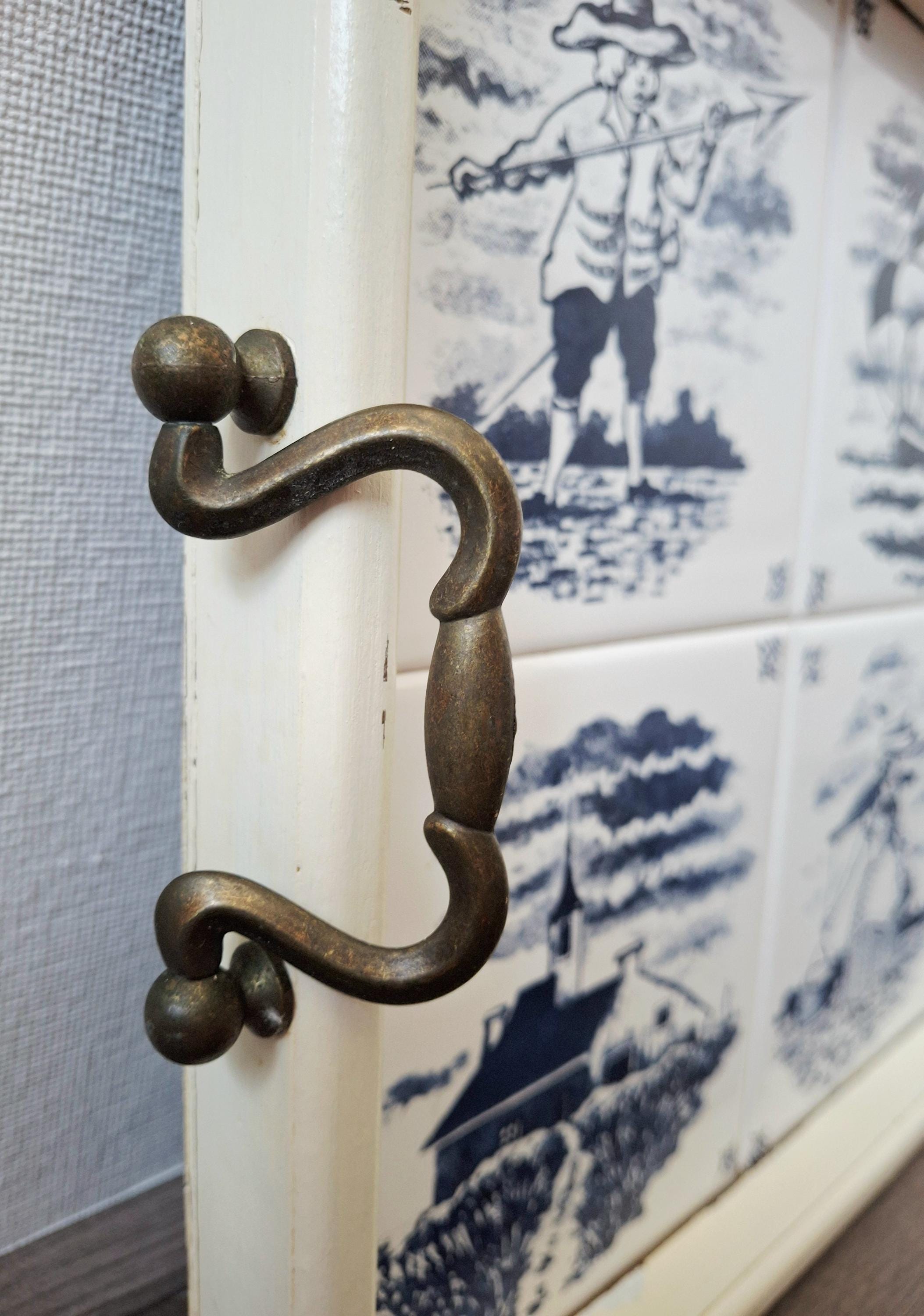 Dutch Delft tile serving tray with brass handles